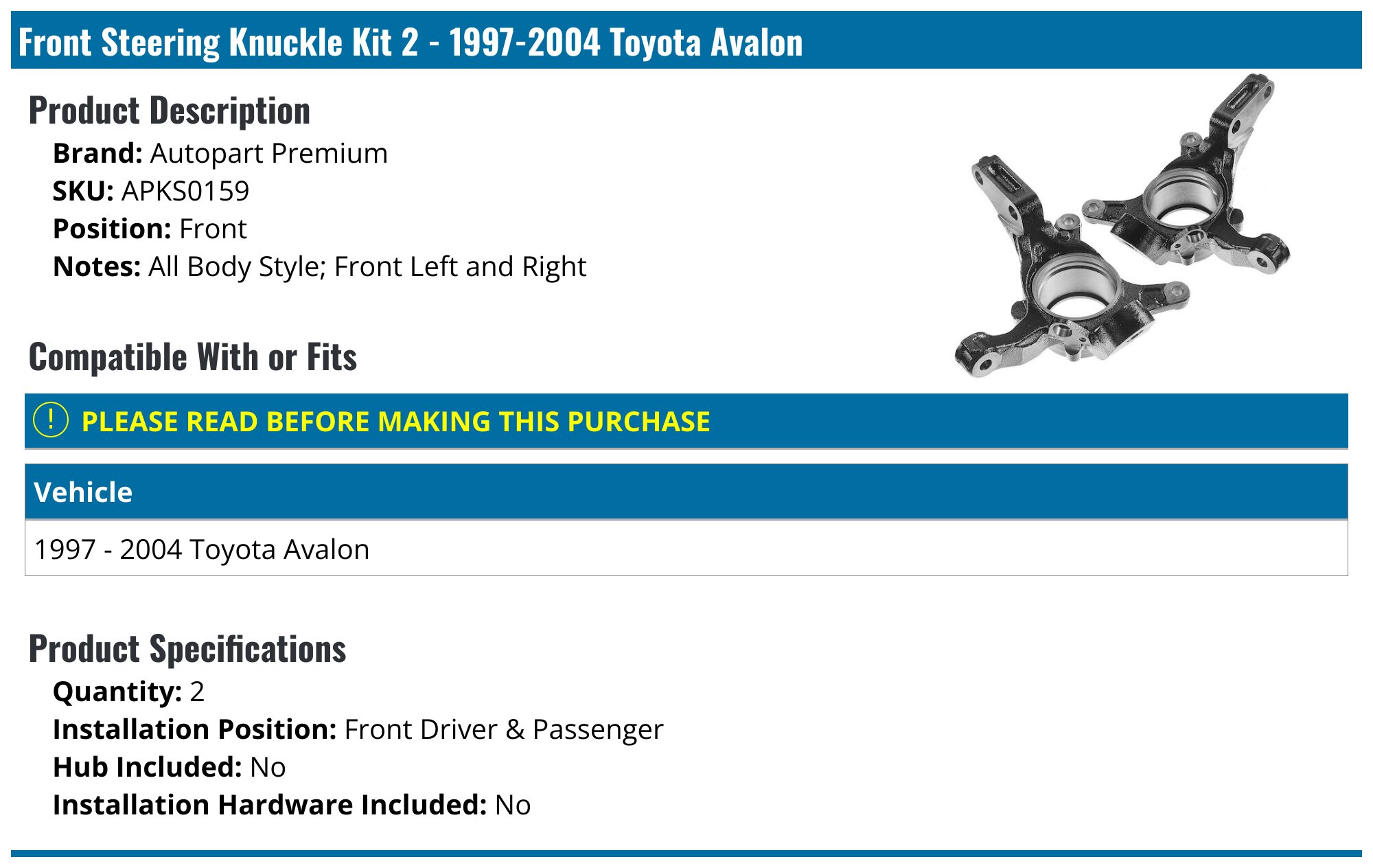 A-Premium Pair Front Steering Knuckle & Hub Bearing for Toyota Avalon 2013-2016