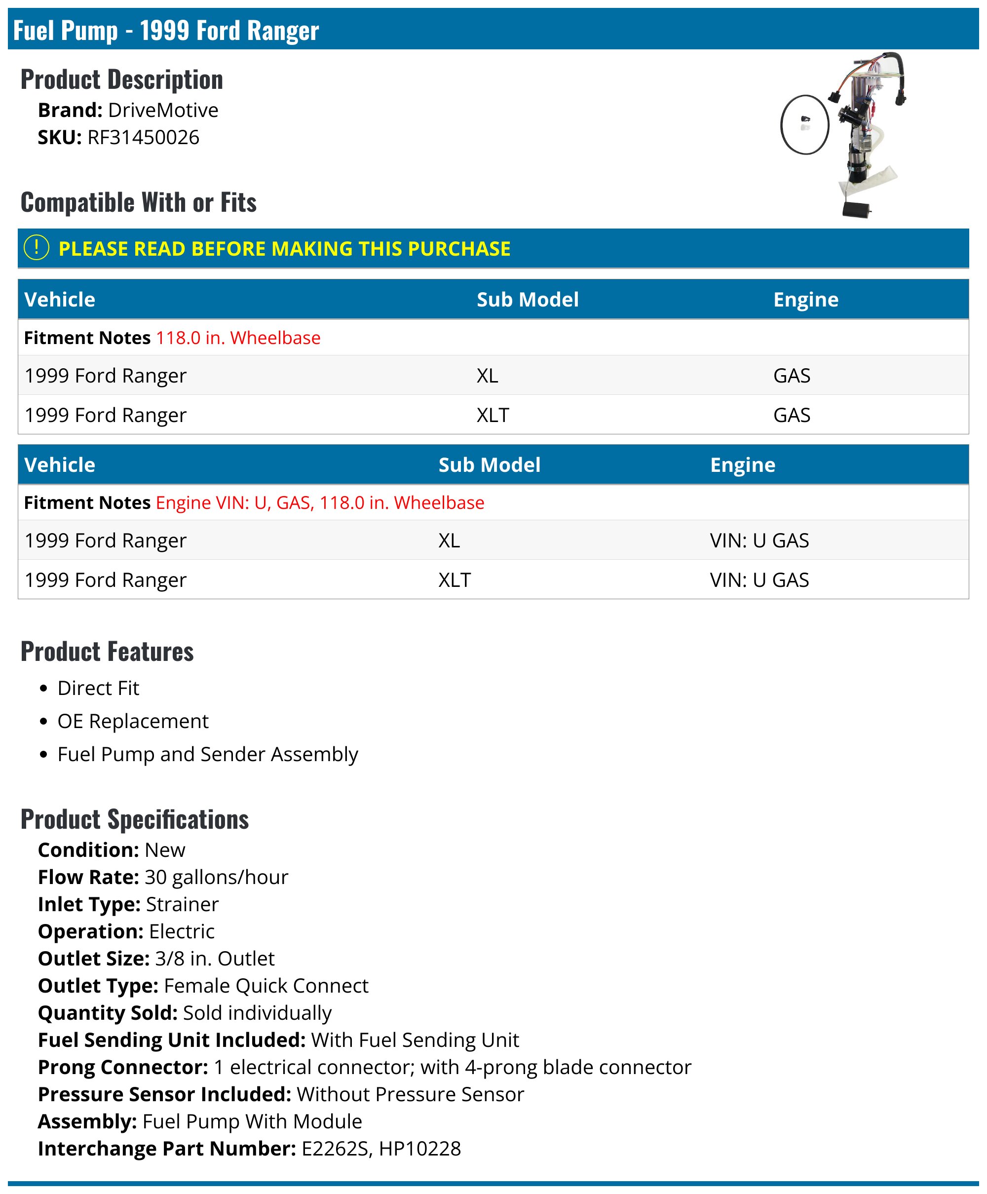 1999 Ford Ranger Fuel Pump - DriveMotive RF31450026 - PartsGeek.com