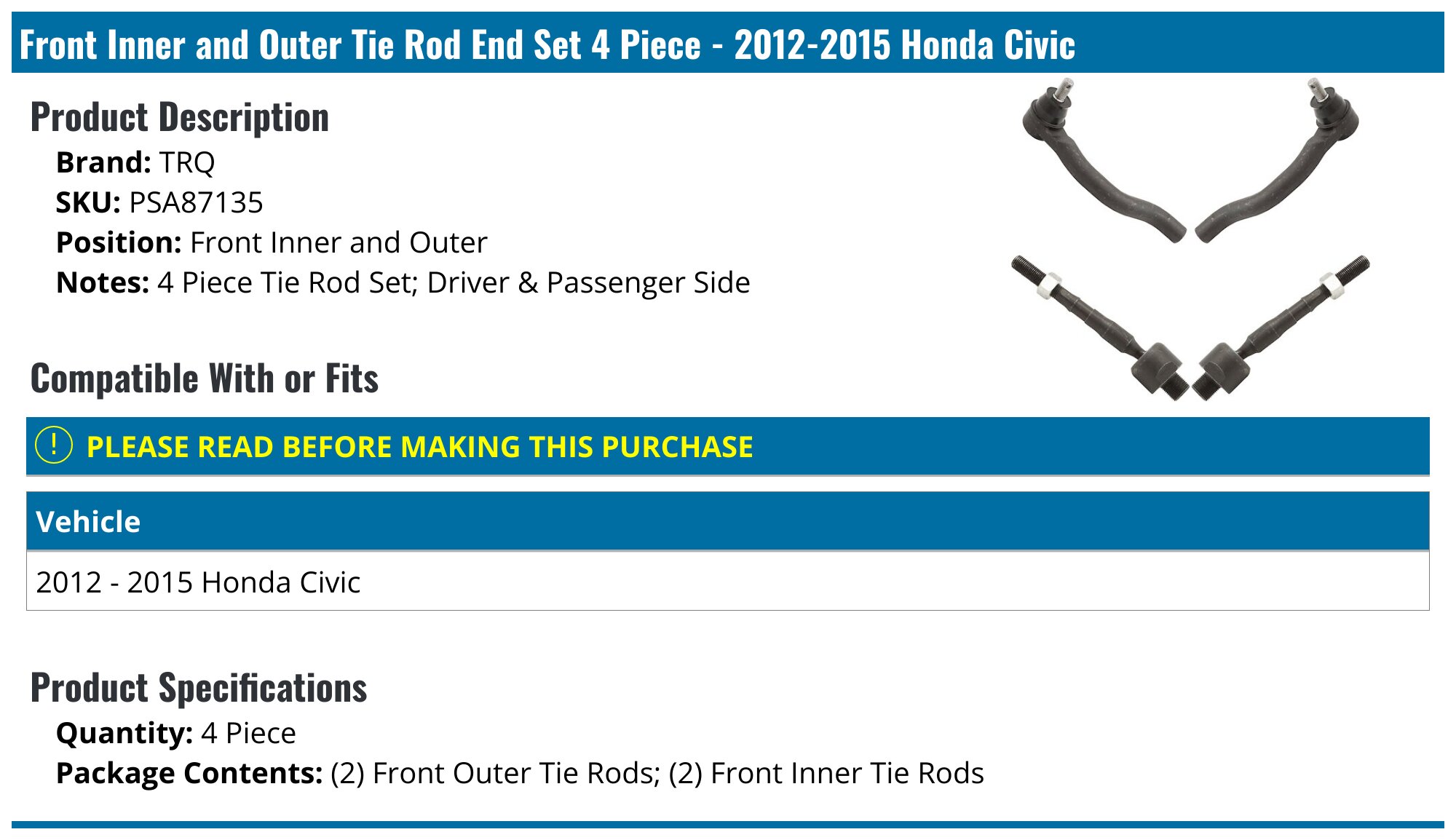For 2012 - 2015 Honda Civic Front Left & Right Inner & Outer Tie Rod End 4PC Kit