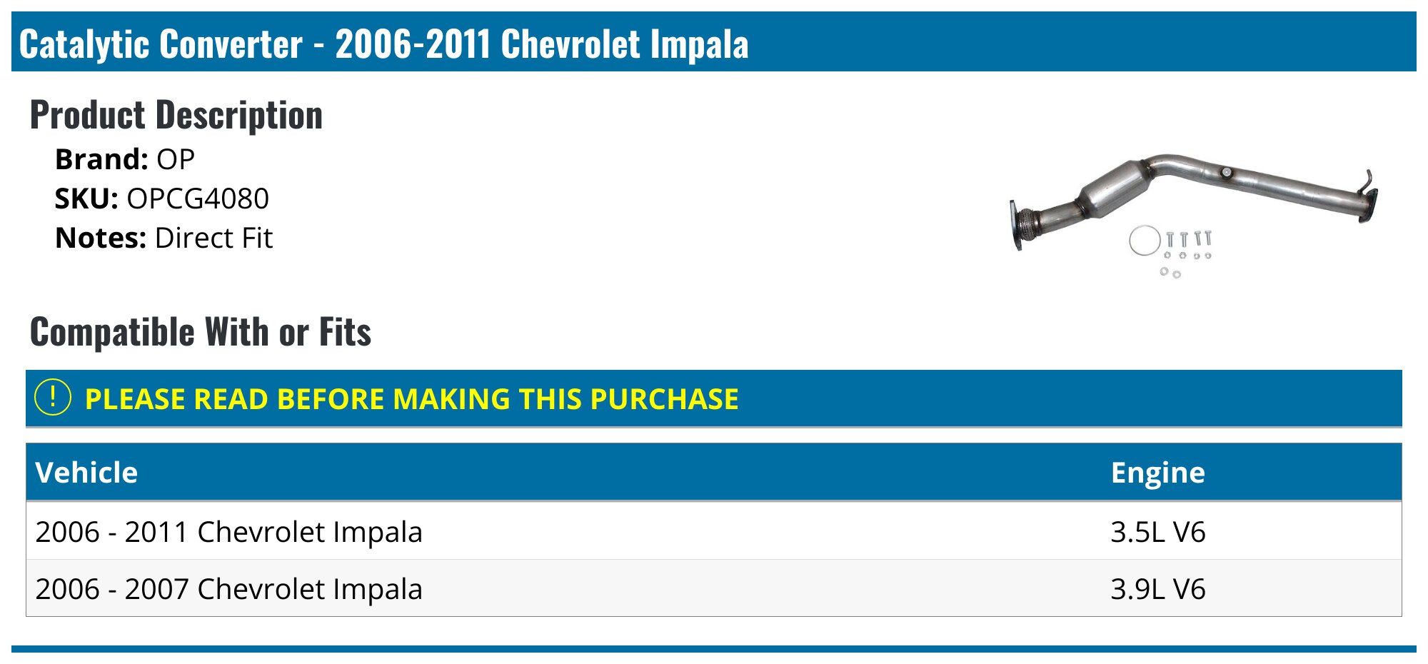 PE Catalytic Converter For 2006-2011 Chevrolet Impala 3.5L/3.9L – Direct Fit Replacement With 5-Year Warranty