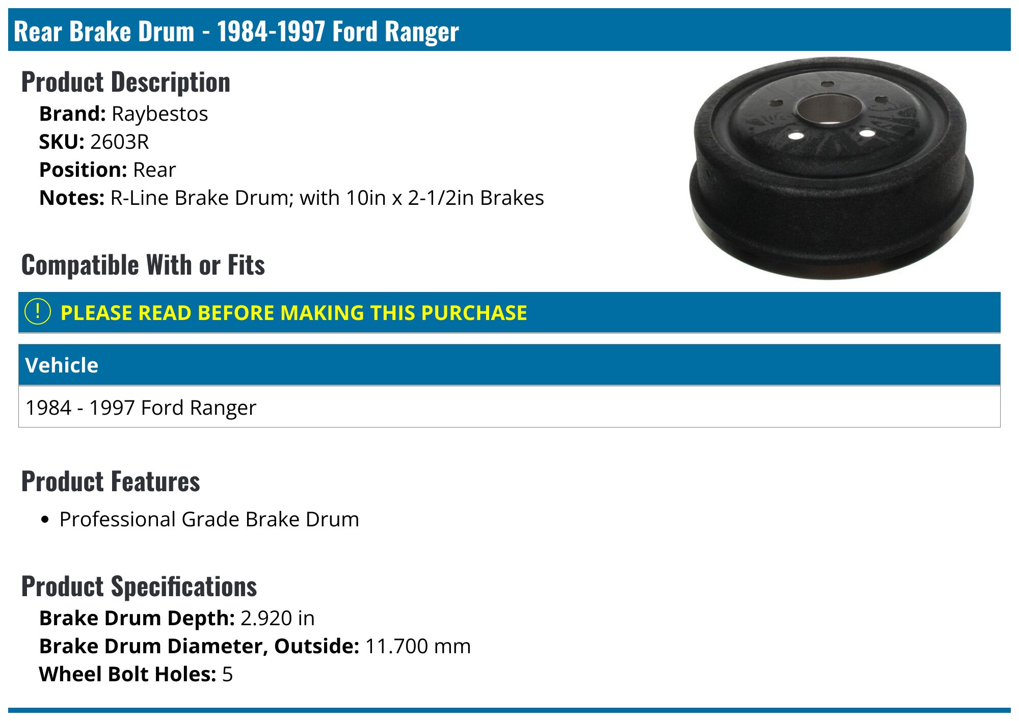 Complete Rear Brake Drum Kit For Ford Ranger 1998-2008 (9 Inch) | Shoes, Cylinders, Hardware