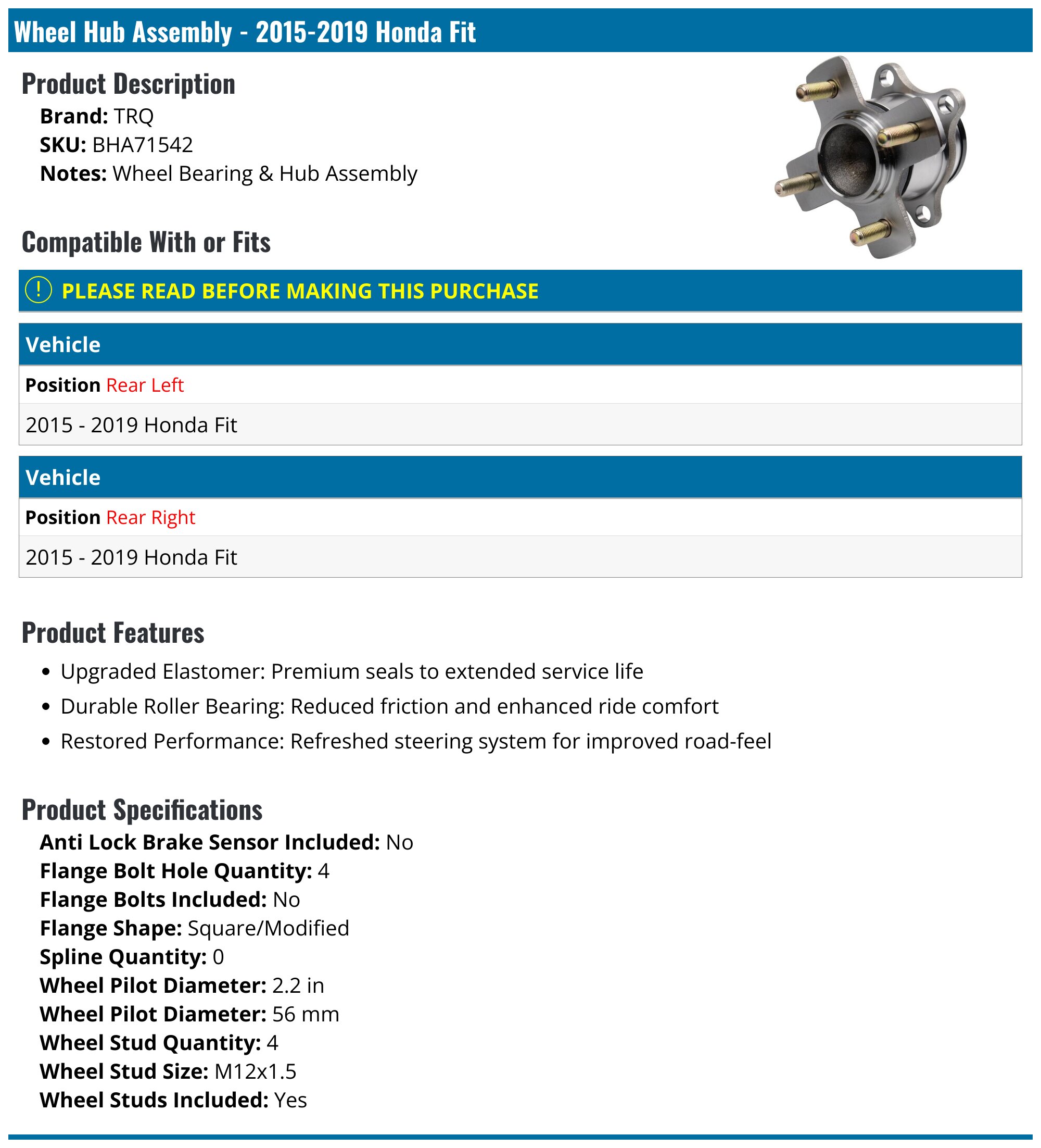 Rear Wheel Bearng And Hub Assembly Par For 2015-2020 Honda Ft | eBay