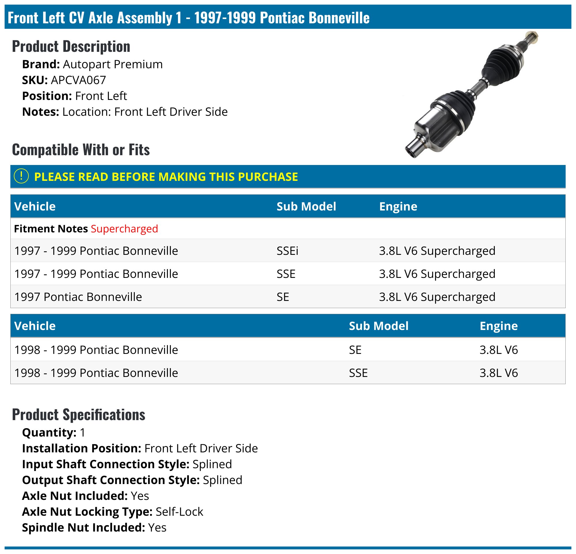 1997-1999 Pontiac Bonneville Axle Assembly - Autopart Premium