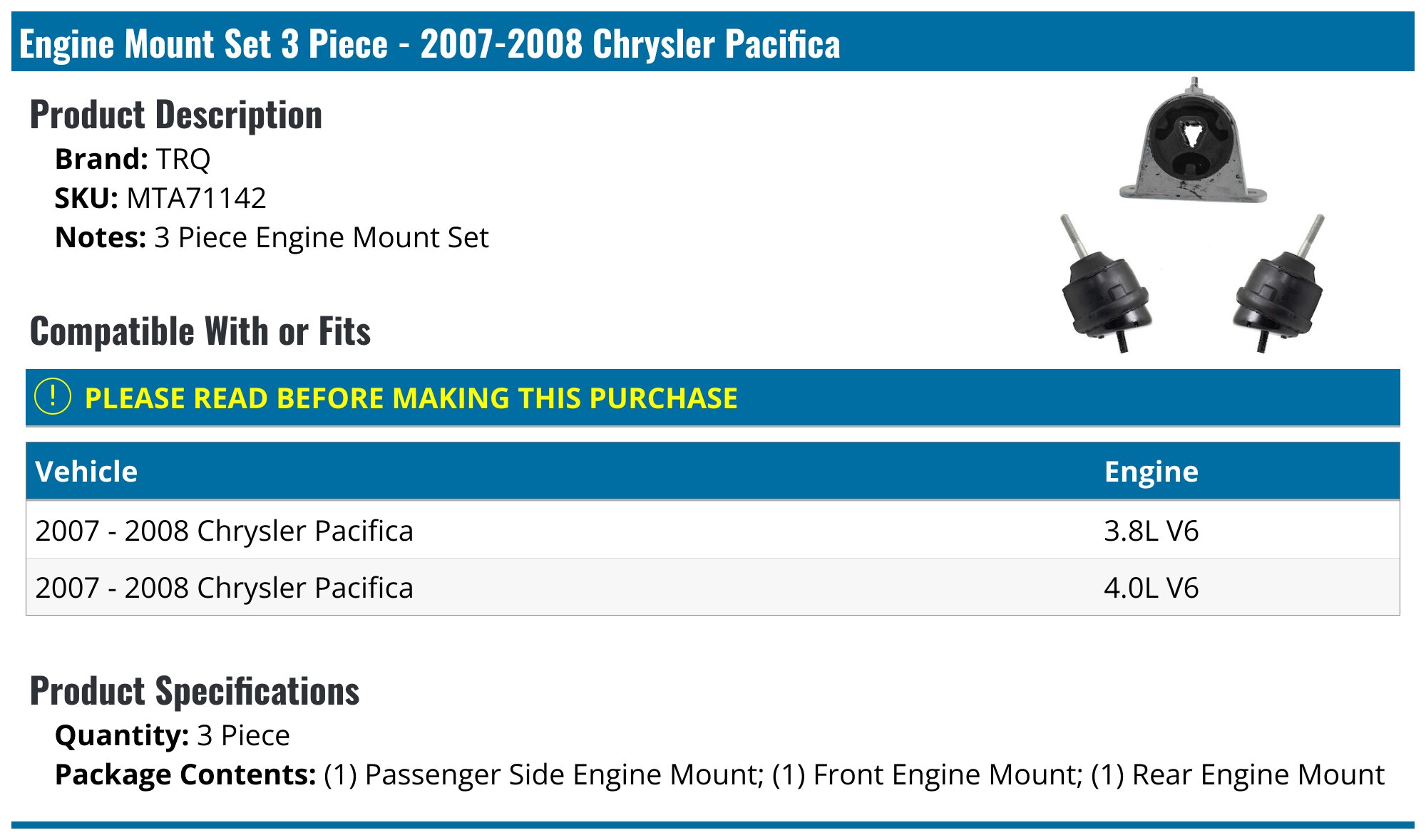 Right Engine Mount - 2017-2020 Chrysler Pacifica GAS - API 138434-02979474 Right Engine Mount - 2017-2020 Chrysler Pacifica GAS - API 138434-02979474