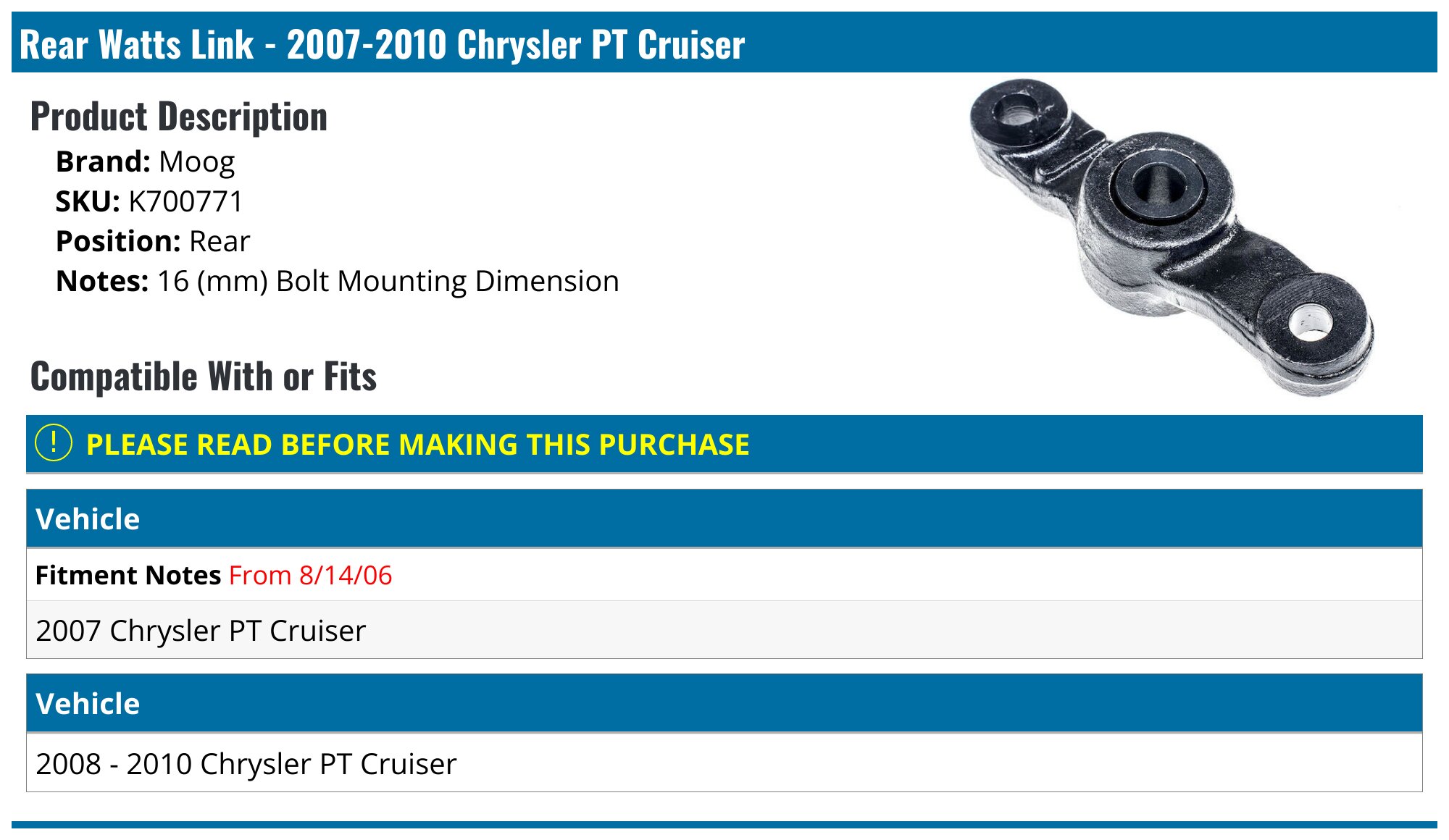 MOOG K700517 Watts Link - Replacement For Chrysler PT Cruiser 2001-2007