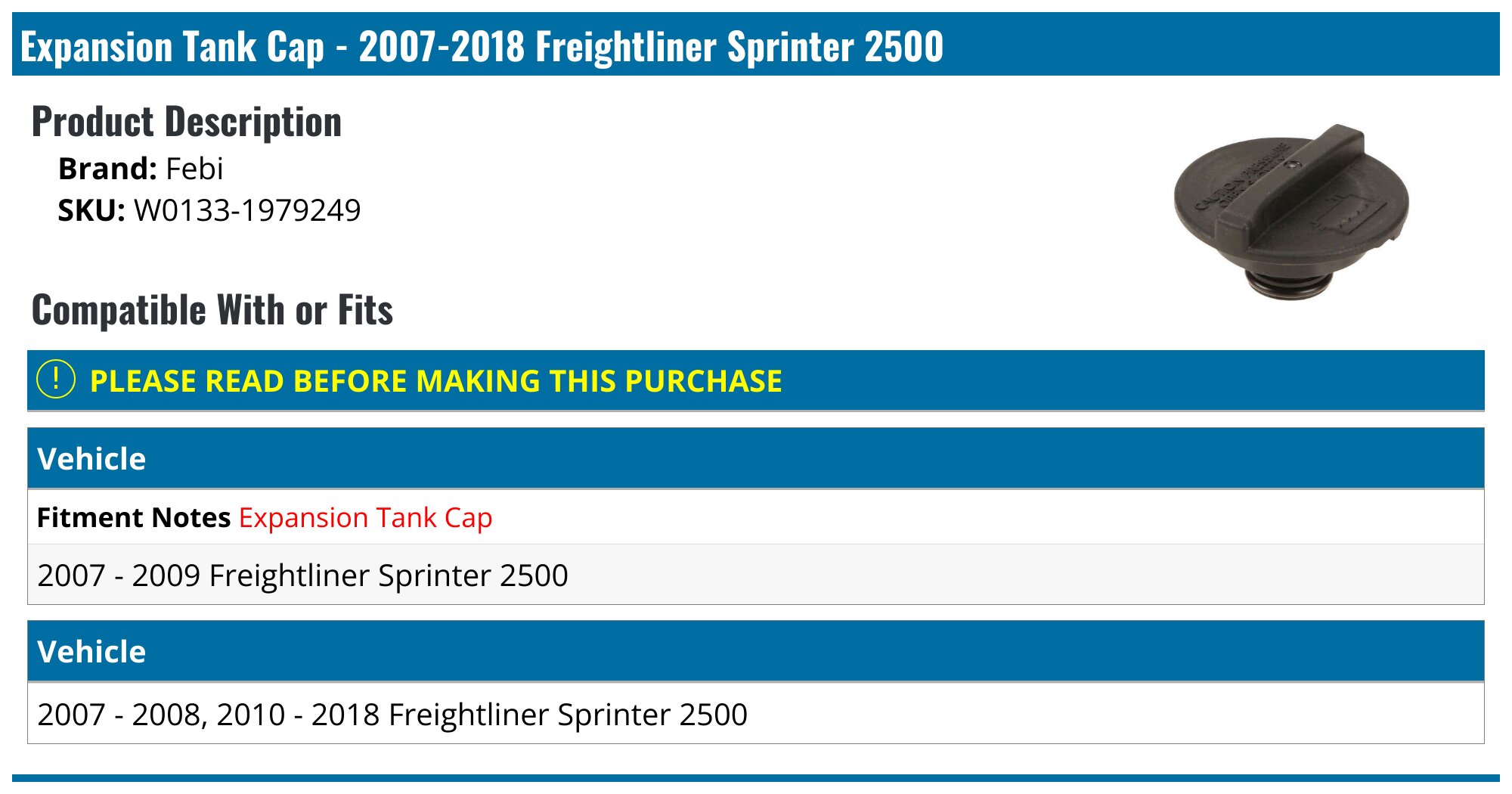 Sprinter Def Cap 2007-2018 Freightliner Sprinter 2500 Expansion Tank Cap - Febi W0133 ...