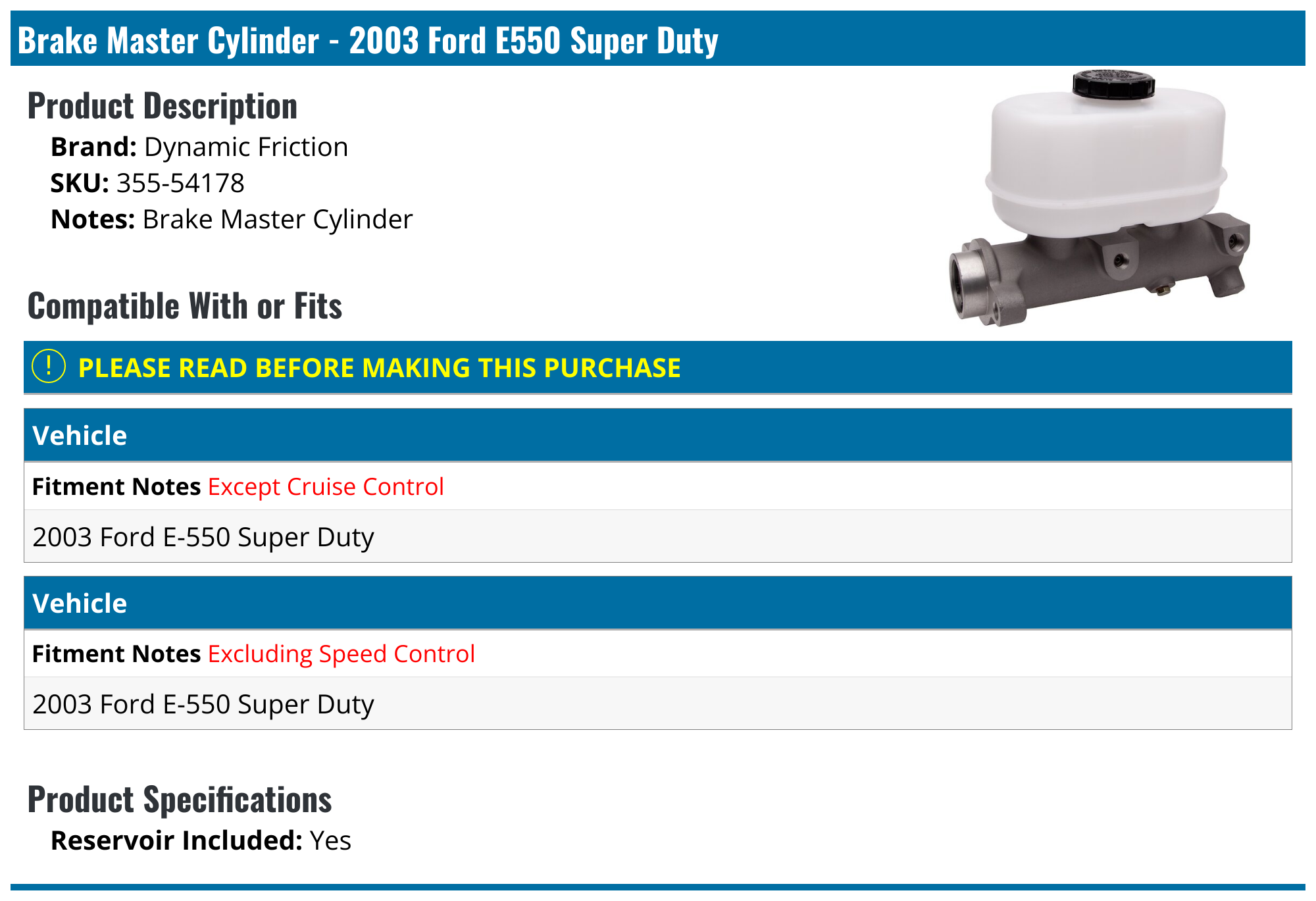 2003 Ford E550 Super Duty Brake Master Cylinder Dynamic Friction 355