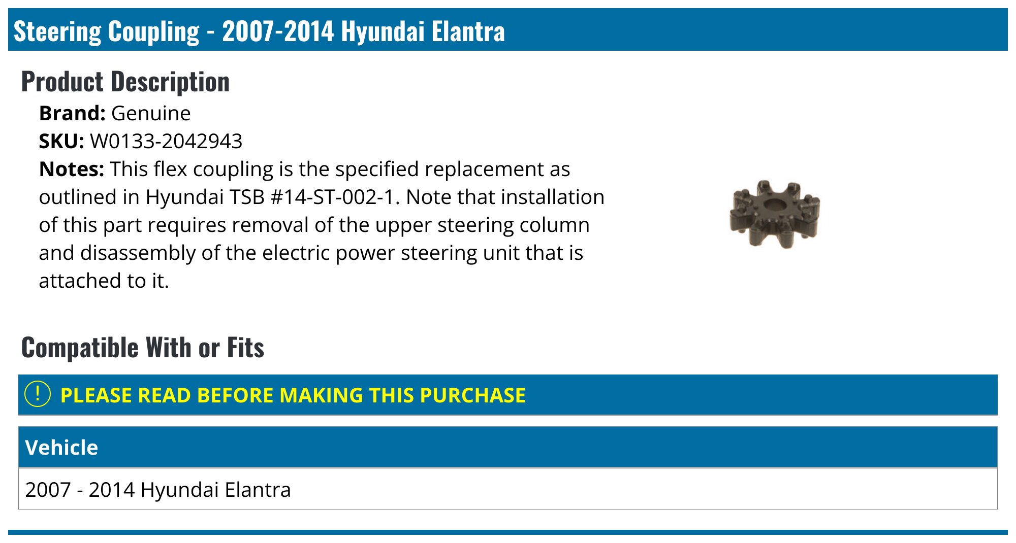 2007-2014 Hyundai Elantra Steering Coupling - Genuine W0133-2042943 ...