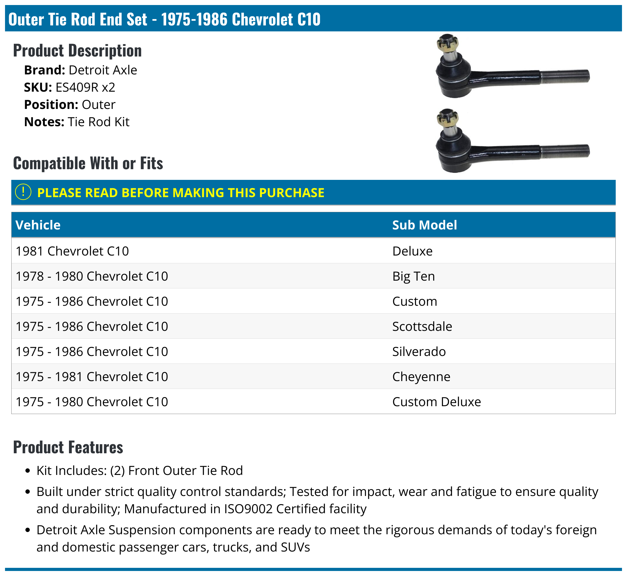 19751986 Chevrolet C10 Tie Rod End Detroit Axle ES409R x2 Outer