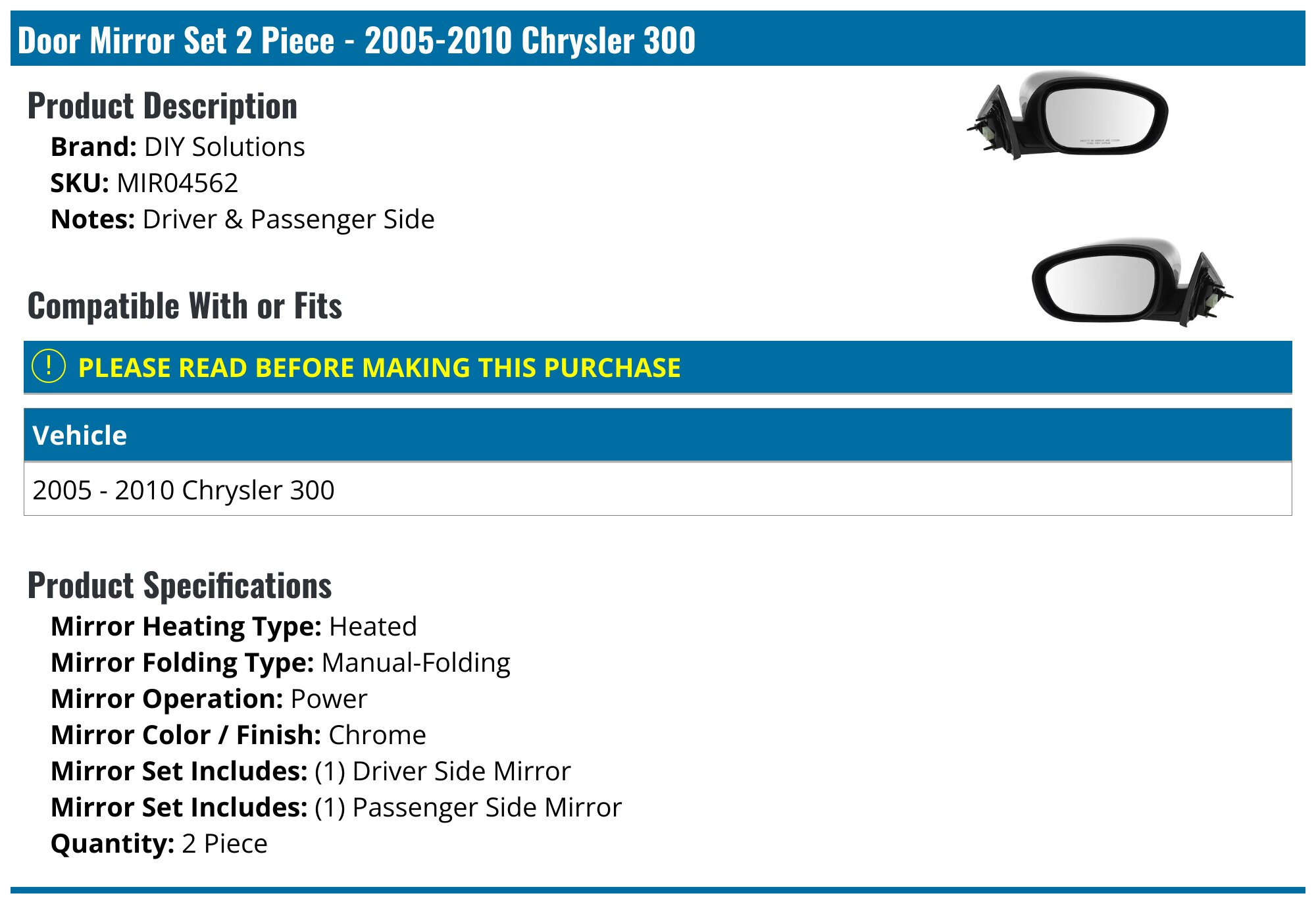 Kool Vue Pair Power Mirrors – Heated Chrome – Manual Folding – For 2005-2010 Chrysler 300