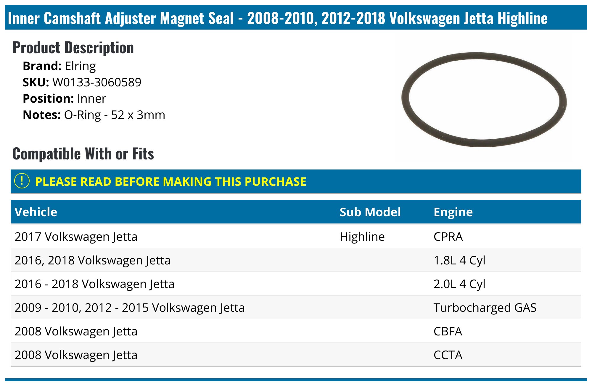 20082010, 20122018 Volkswagen Jetta Camshaft Adjuster Seal