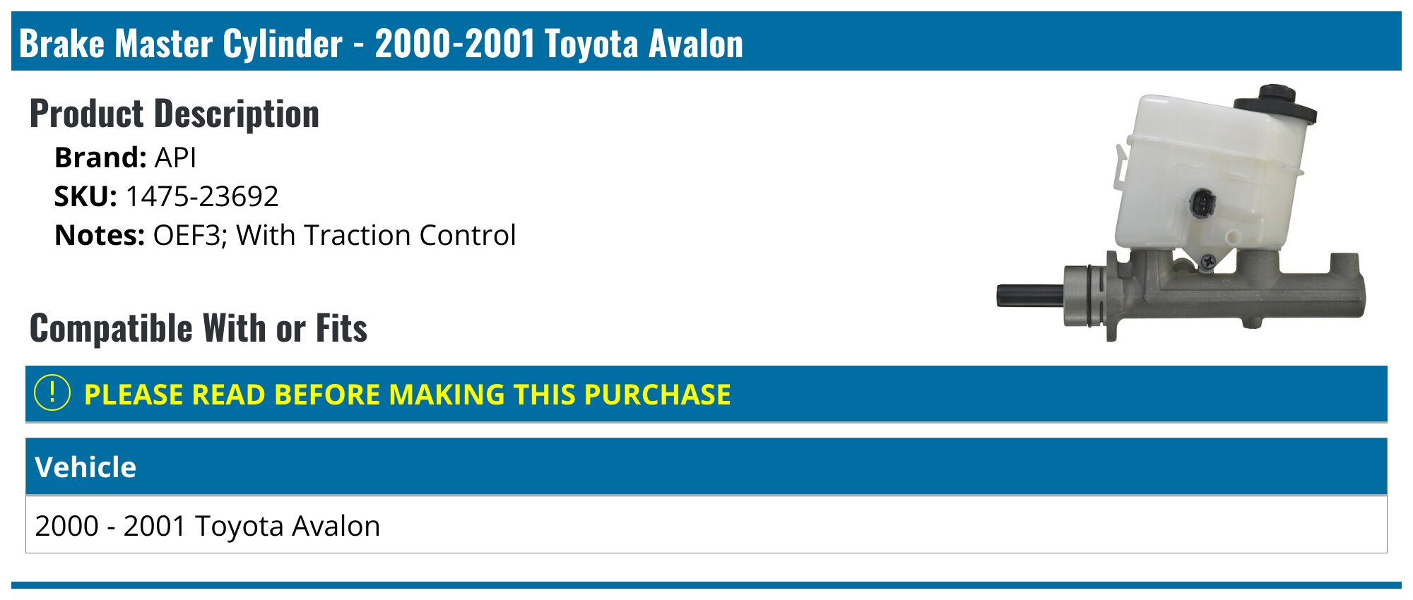 20002001 Toyota Avalon Brake Master Cylinder API 793502123073