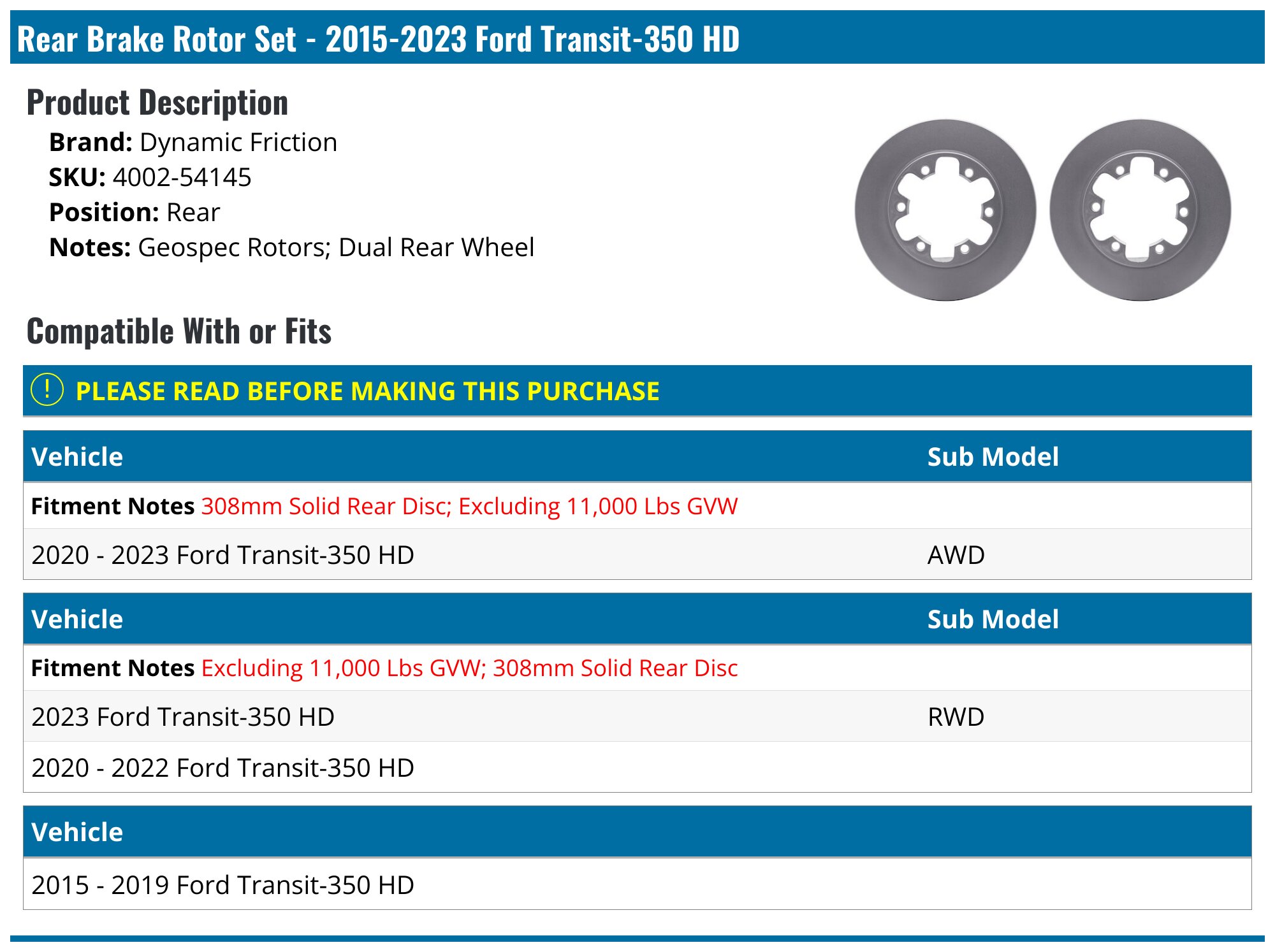 2015-2025 Ford Transit-350 HD Brake Rotor - Dynamic Friction 4002-54145 ...