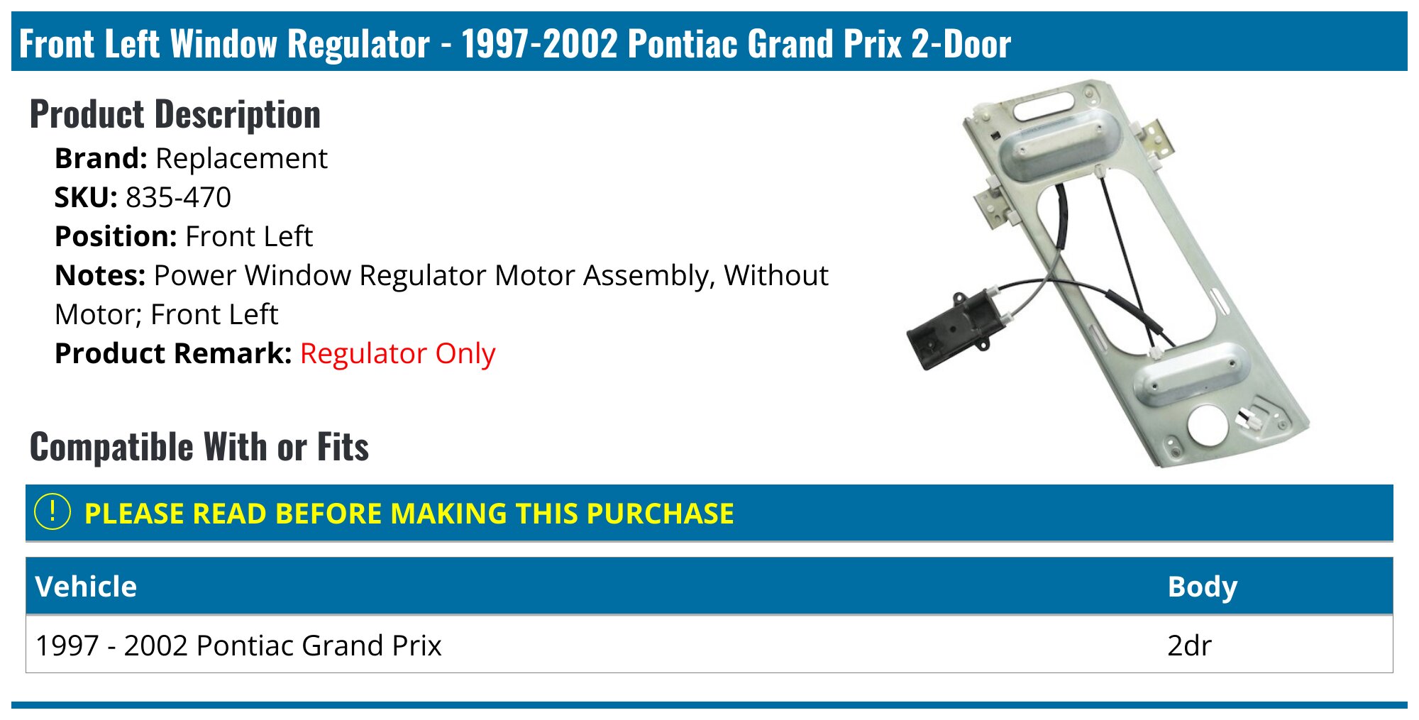Regulador De Ventana Eléctrico Delantero Izquierdo Para Pontiac Grand Prix 1997-2003 – SCITOO Con Motor