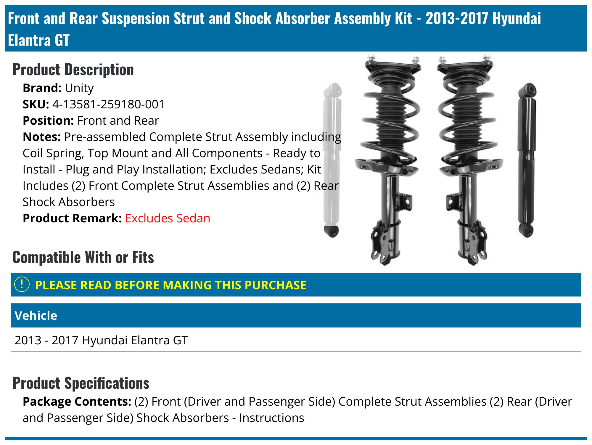 Detroit Axle Front Struts Assembly (2-PC) For 2011-2016 Hyundai Elantra Sedan – Quick Install Ready With Coil Springs