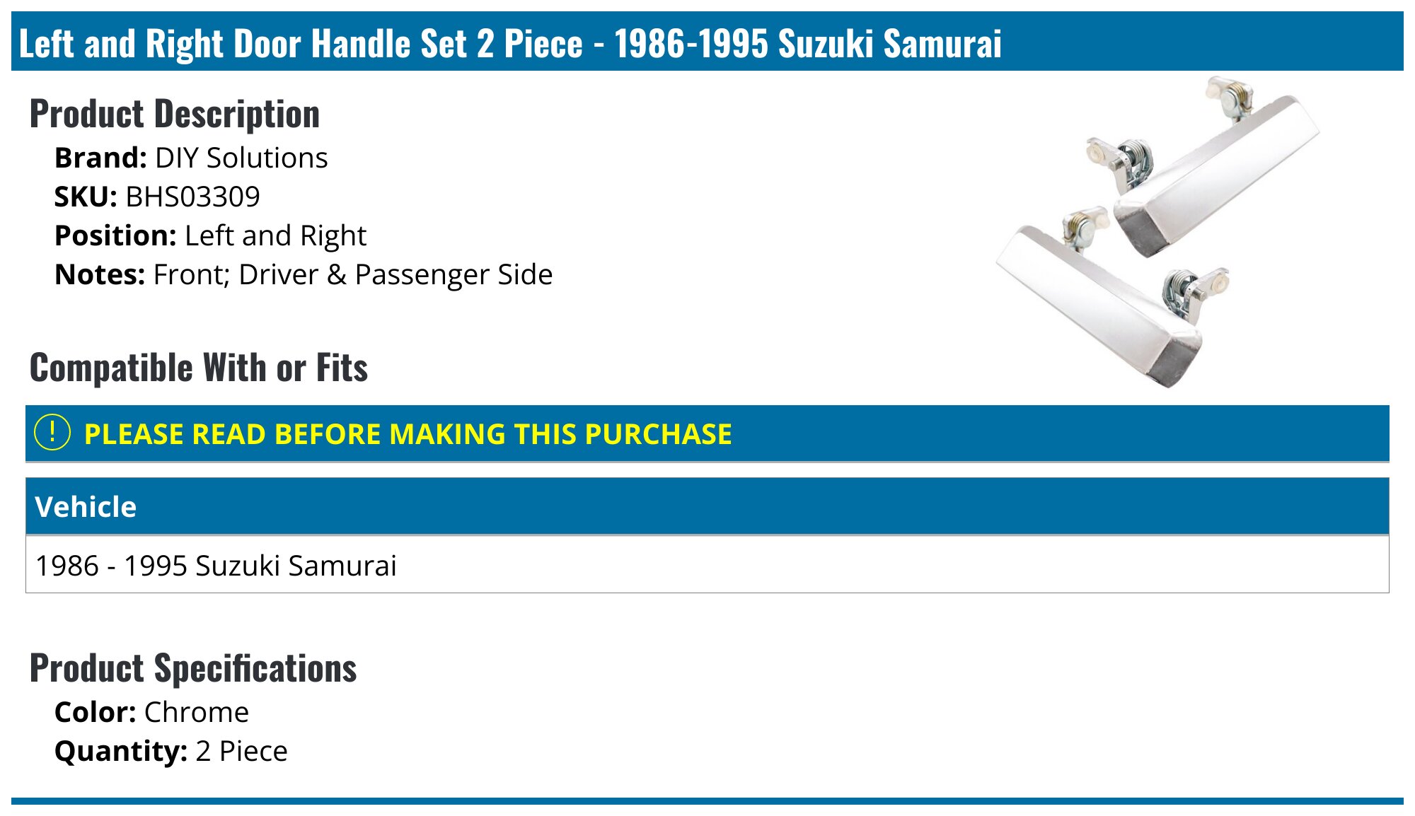 Outside Door Handle For Suzuki Samurai 1986-1995 – Front Left Or Right, Black Plastic