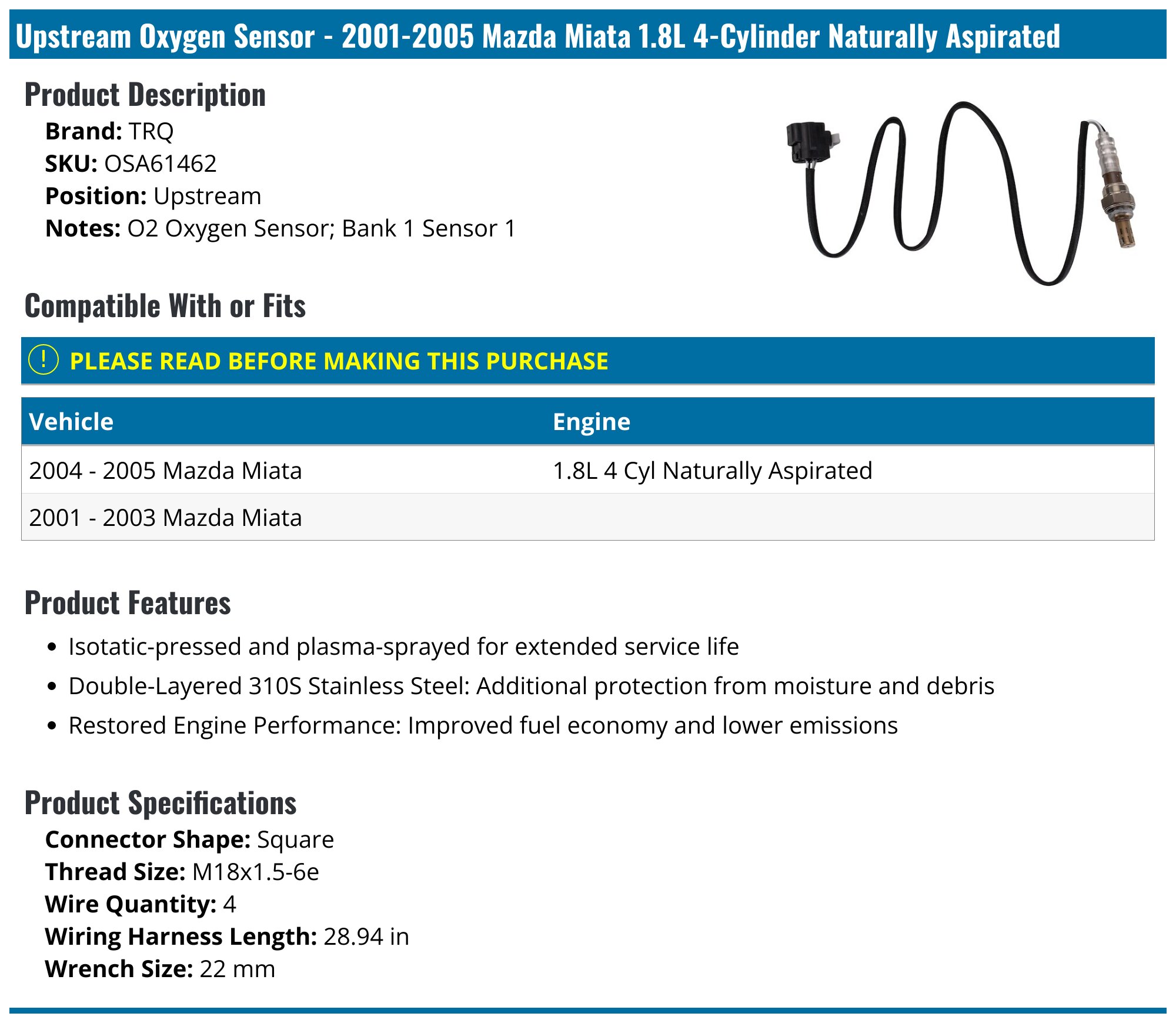 2001-2005 Mazda Miata Oxygen Sensor - TRQ OSA61462 - Upstream ...