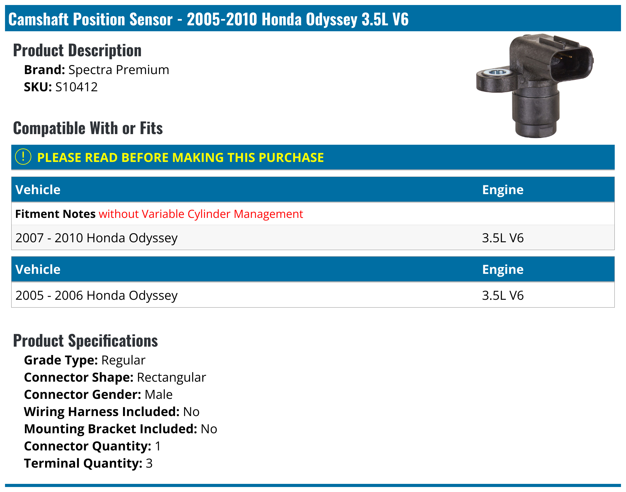 20052010 Honda Odyssey Camshaft Position Sensor Spectra Premium S10412