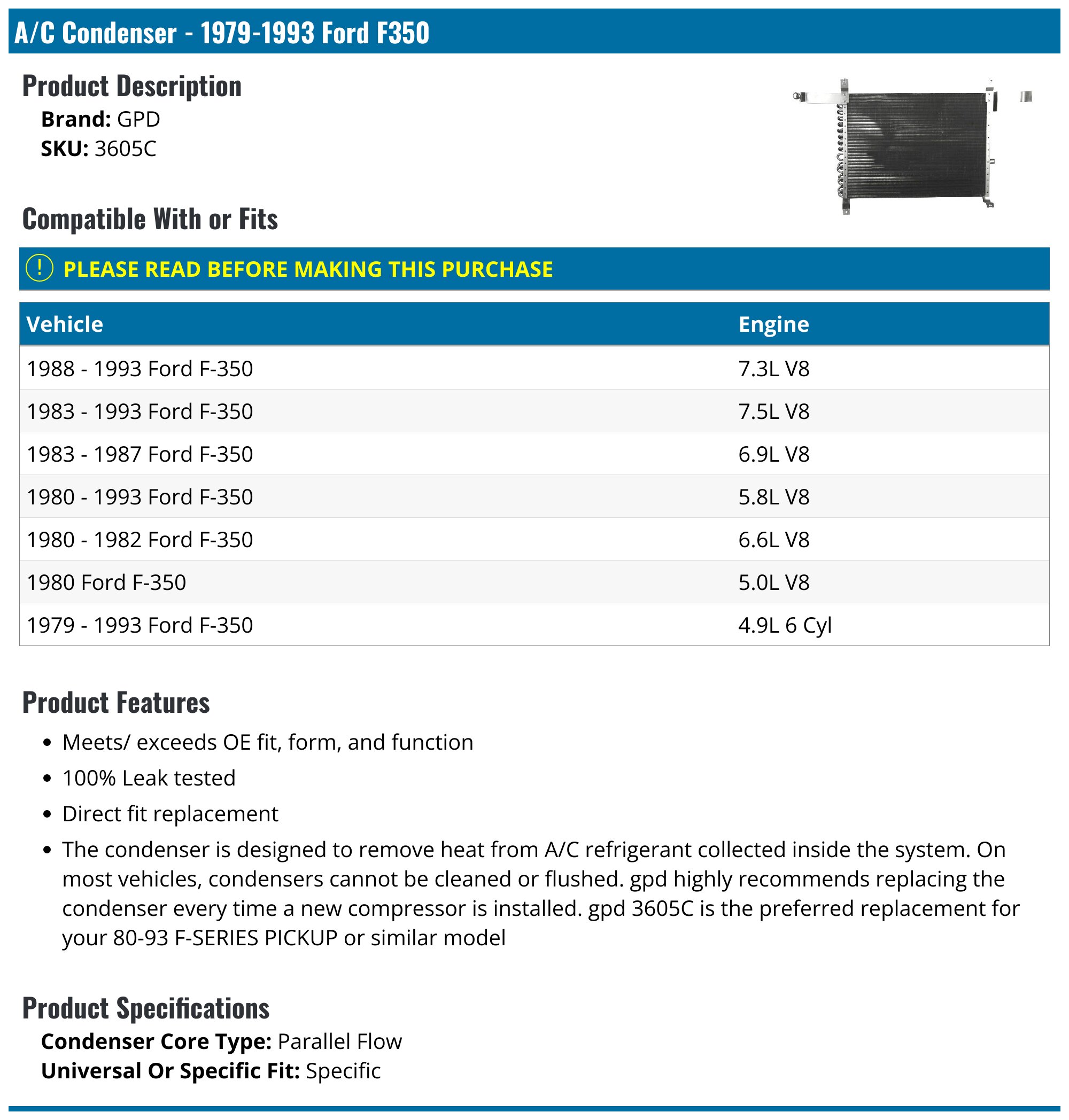 thumbnail interactive-video image 1 of GPD 3605C A/C Condenser For Ford F-150, F-250, F-350 & Bronco (1984-1993) – Direct Fit Aluminum 1 of 4