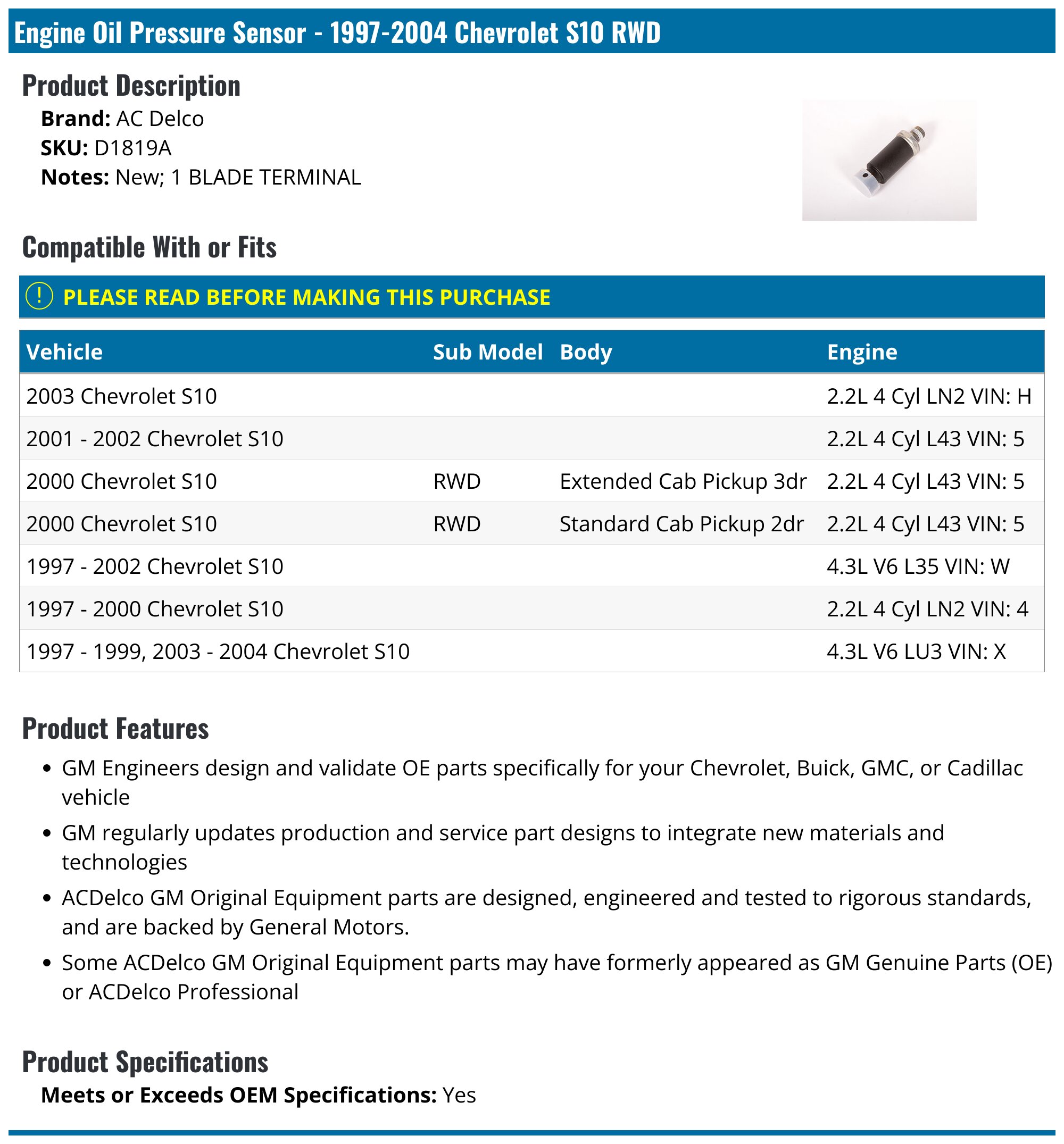 19972004 Chevrolet S10 Engine Oil Pressure Sensor AC Delco D1819A