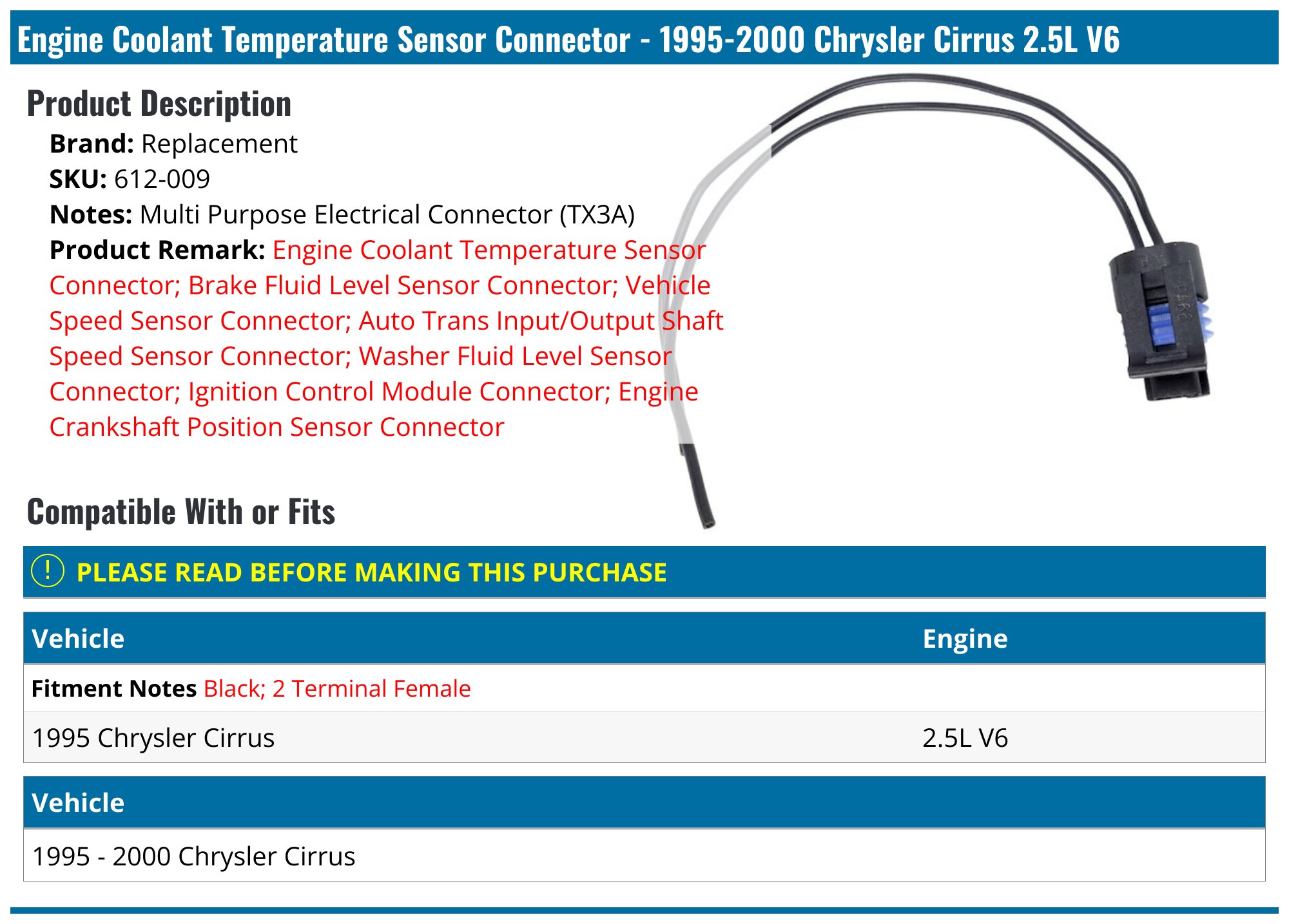 1995-2000 Chrysler Cirrus Engine Coolant Temperature Sensor Connector ...
