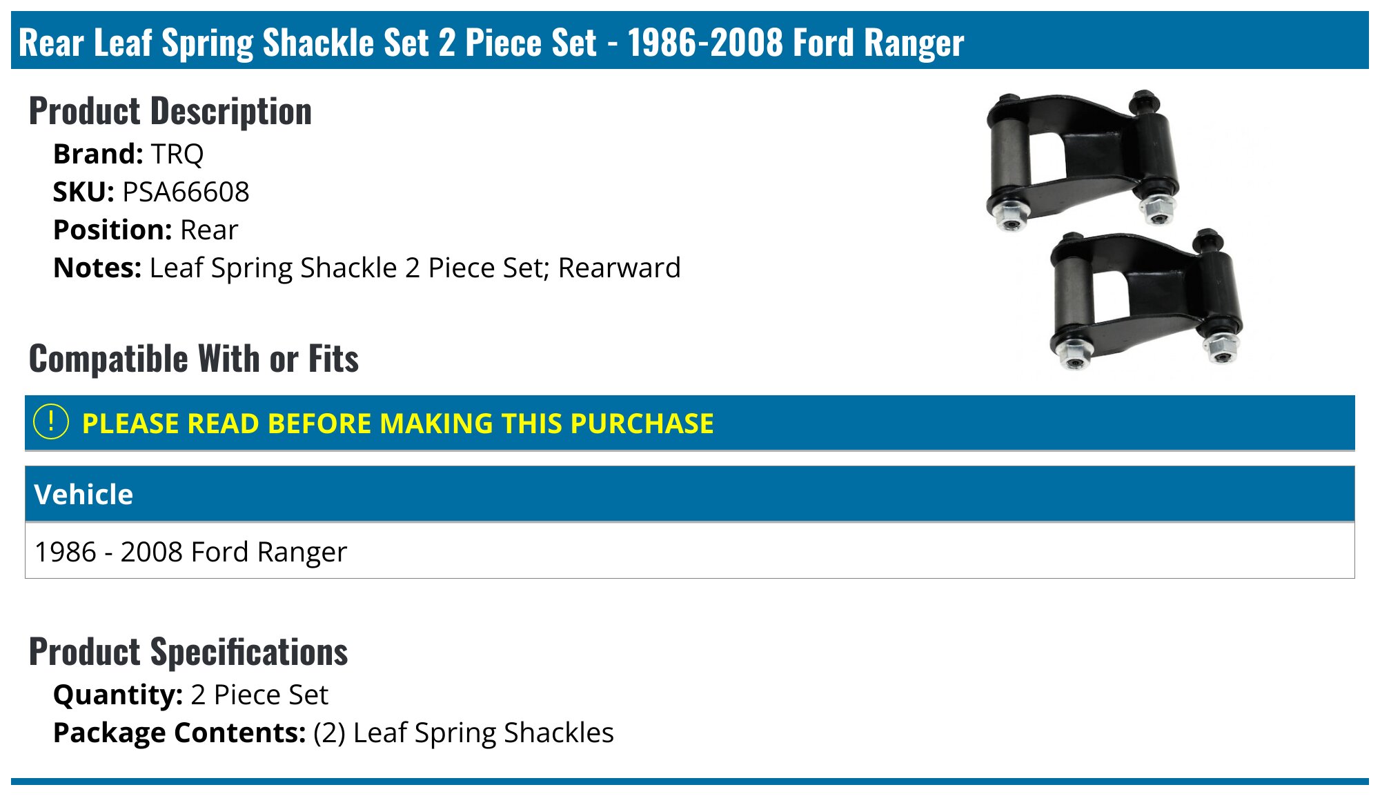 For 1986-2008 Ford Ranger Rear 2.3L 4.0L Hanger and Shackle
