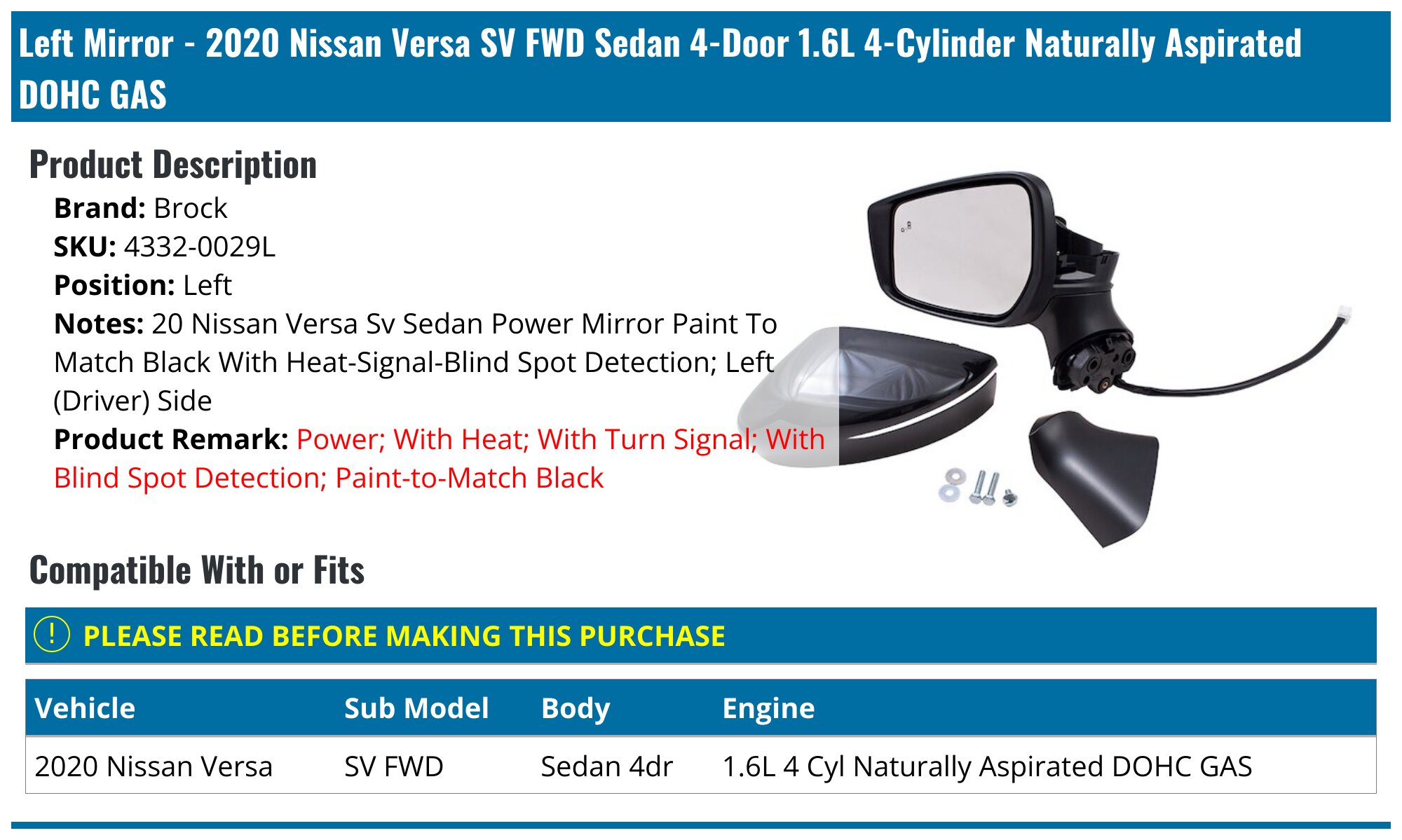 2020-2022 NISSAN VERSA SIDE MIRROR OEM RH PASSENGER SIDE W/BLIND SPOT E4044622