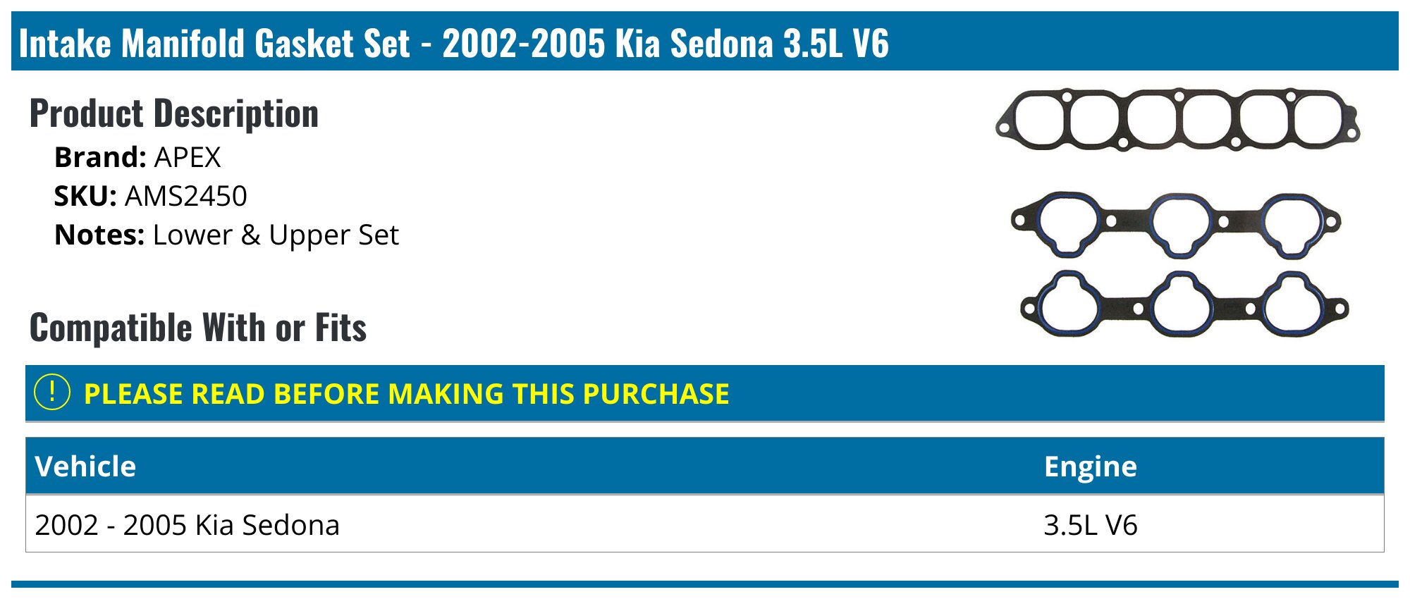 Upper Intake Plenum Gasket For Kia Sorento & Sedona 2014-2020 - 29215-3CFA1