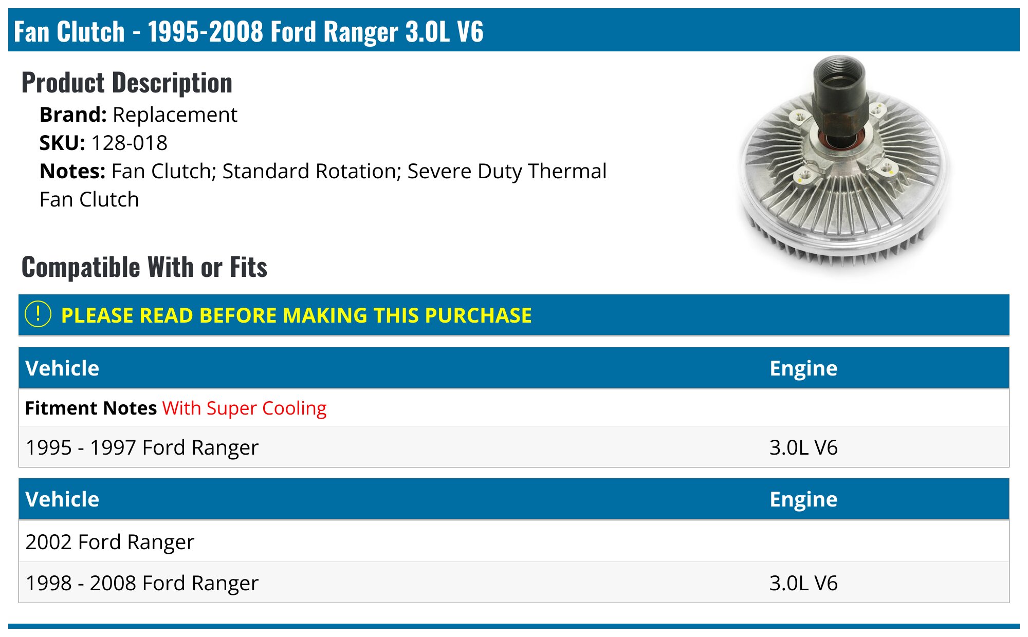 Radiator Cooling Fan Clutch For 1995-2008 Ford Ranger 1994-2008 Mazda B3000 Radiator Cooling Fan Clutch For 1995-2008 Ford Ranger 1994-2008 Mazda B3000