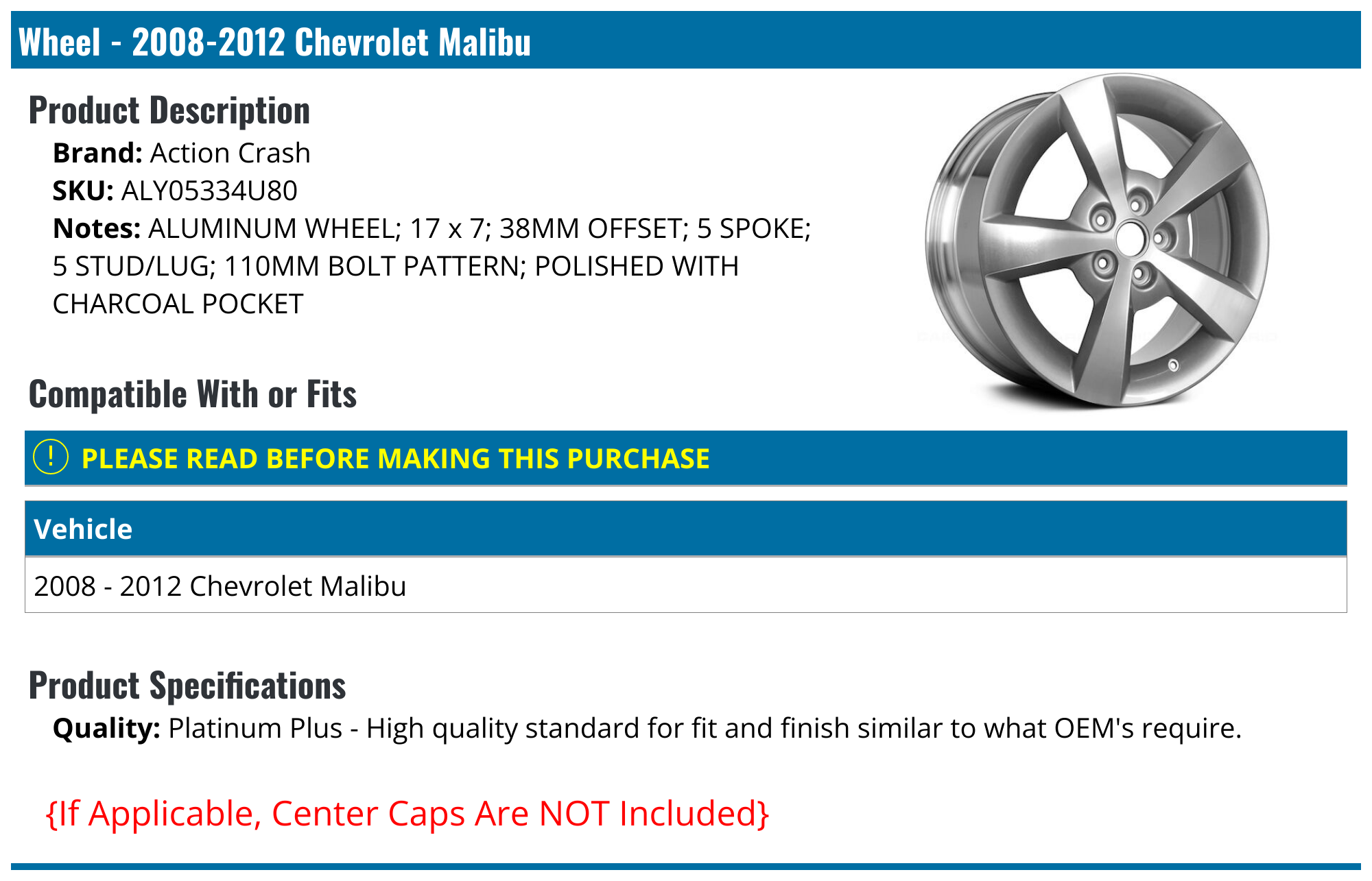 2008-2012 Chevrolet Malibu Wheel - Action Crash ALY05334U80 - PartsGeek.com, image size:2000x1285