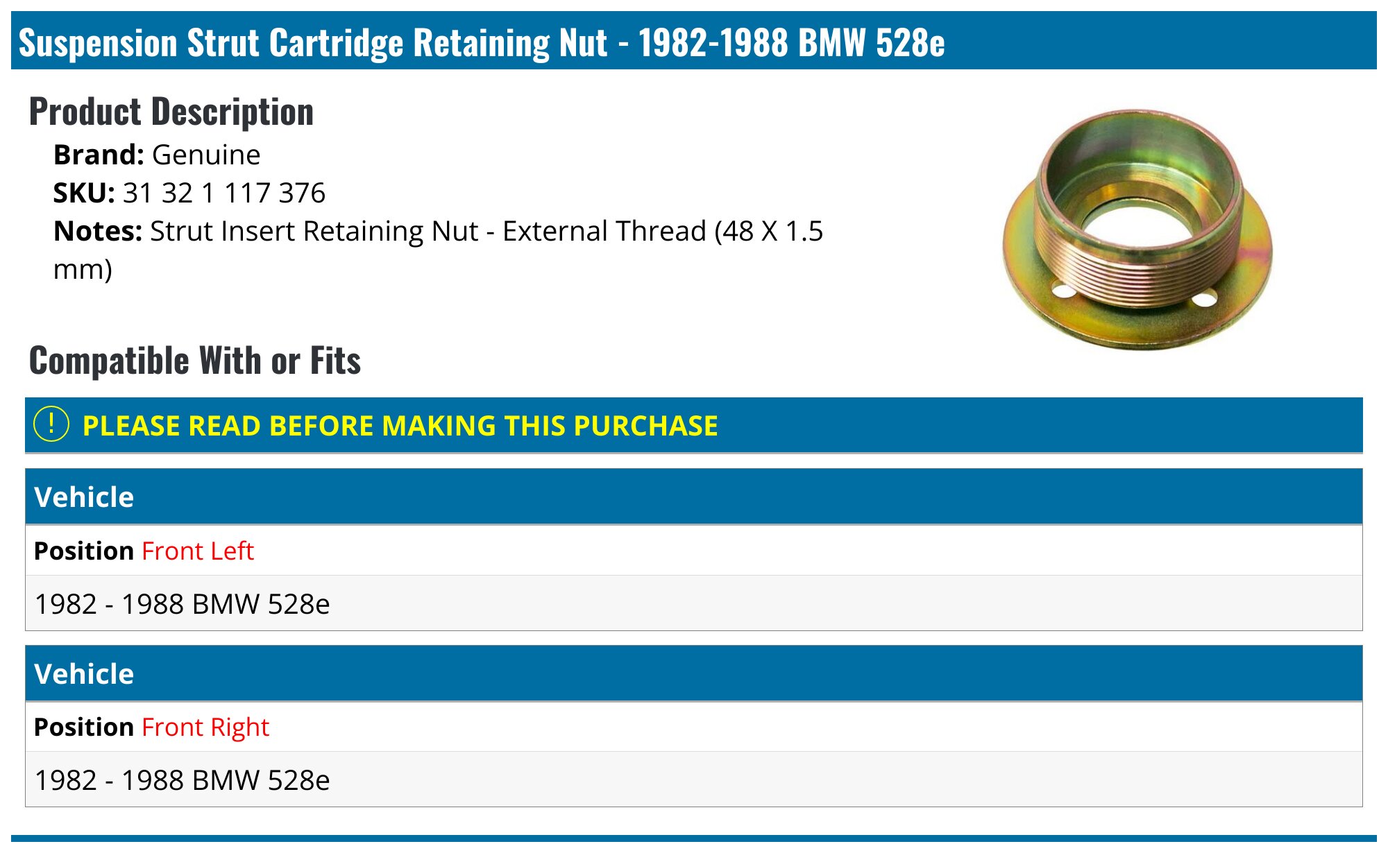 1982-1988 BMW 528e Suspension Strut Cartridge Retaining Nut - Genuine ...