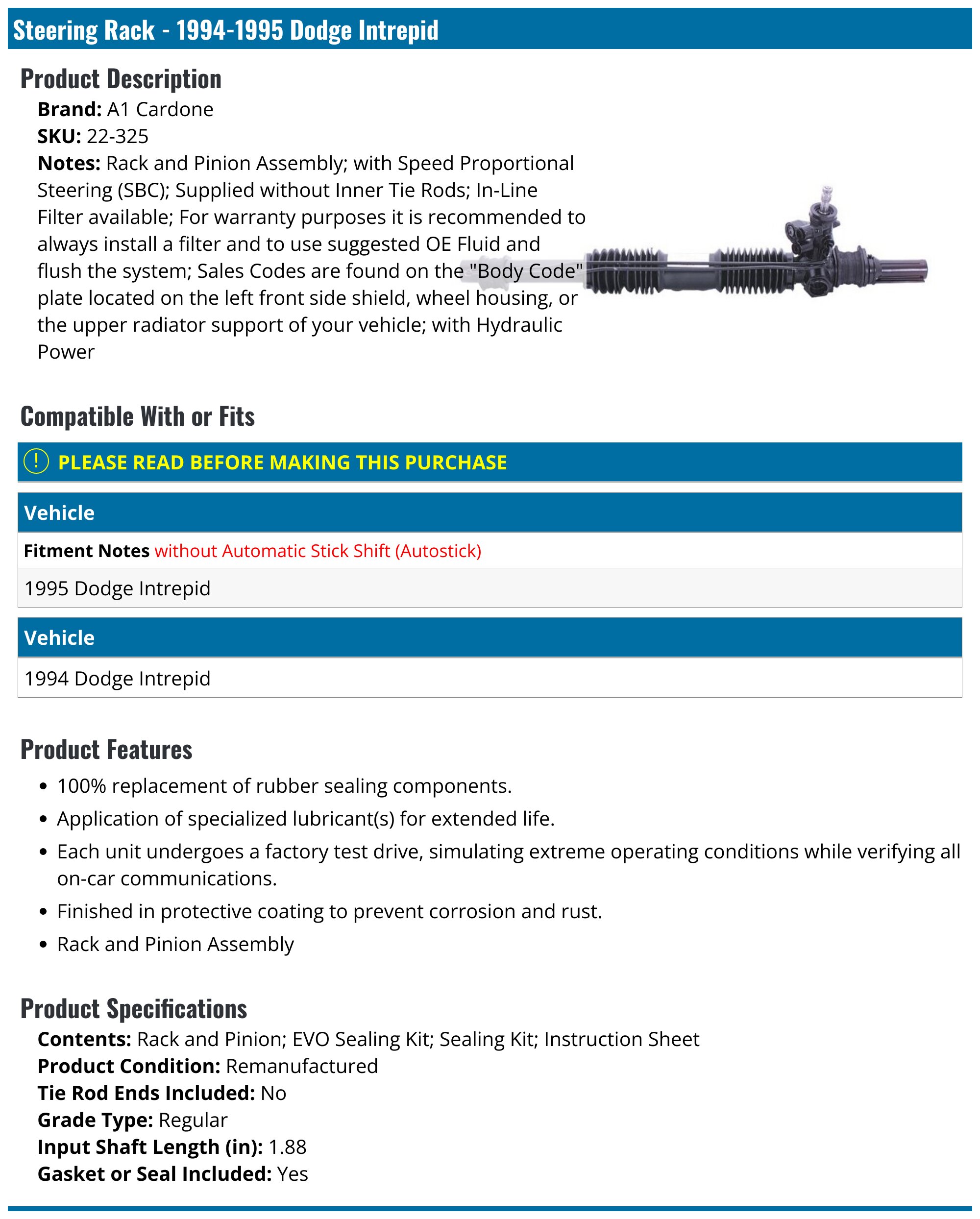 19941995 Dodge Intrepid Steering Rack A1 Cardone 22325