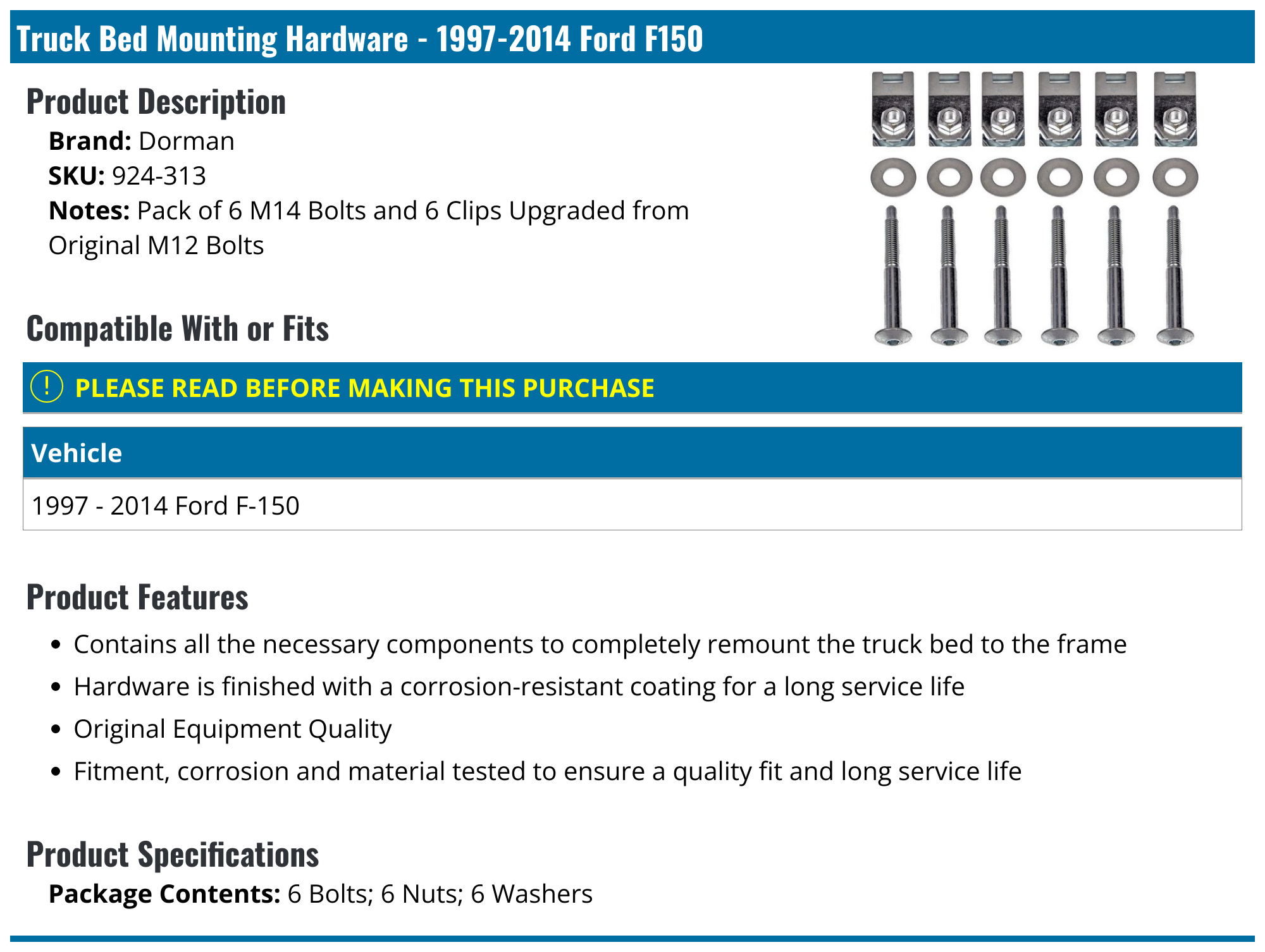 19972014 Ford F150 Truck Bed Mounting Hardware Dorman 924313