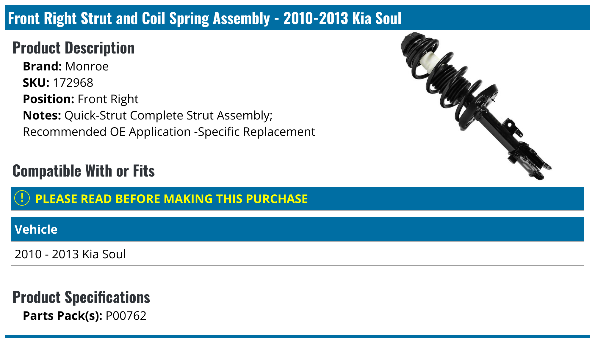 2010-2013 Kia Soul Strut Assembly - Monroe 172968 - Front Right