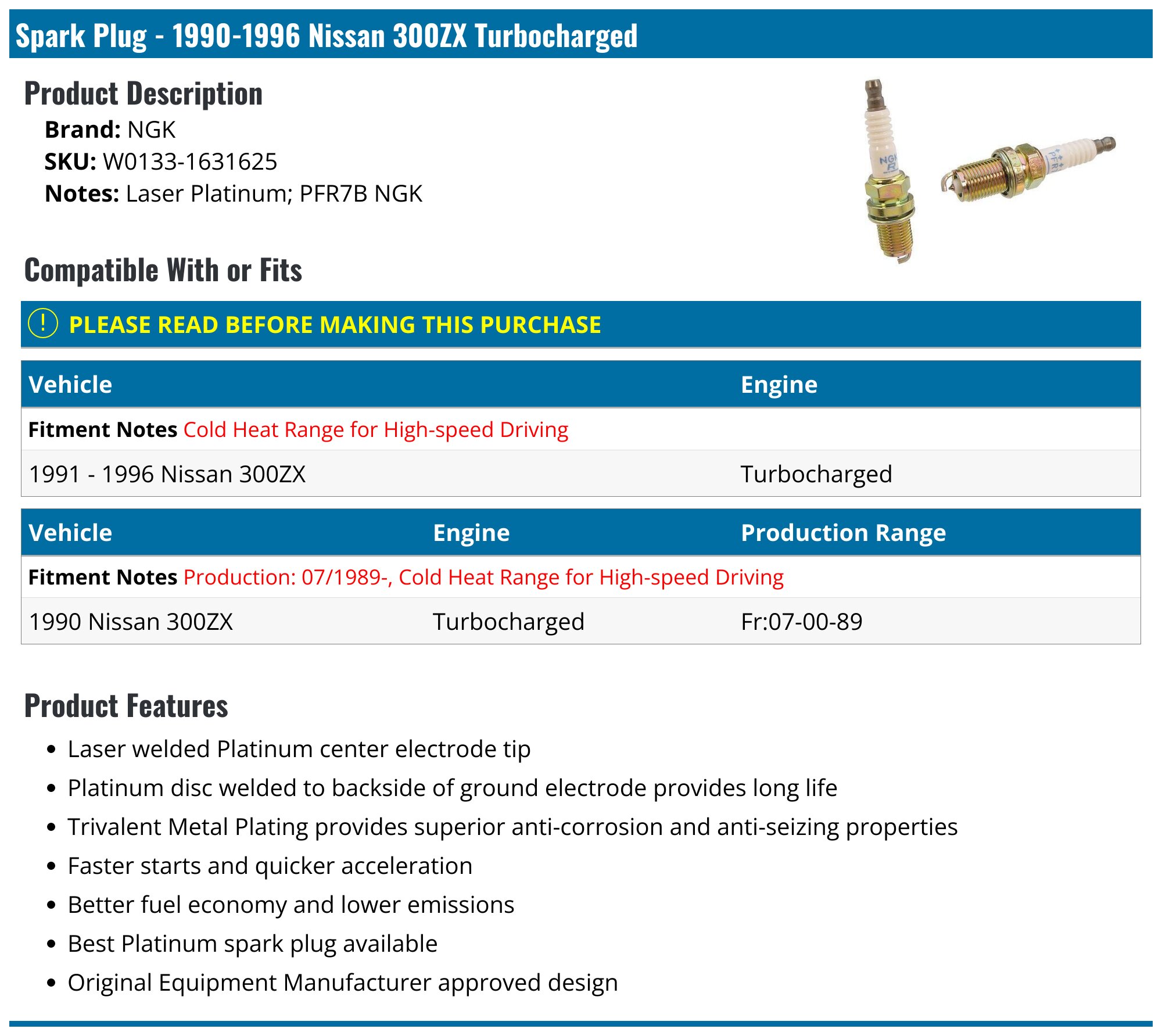 1990-1996 Nissan 300ZX Spark Plug - NGK W0133-1631625 - PartsGeek.com
