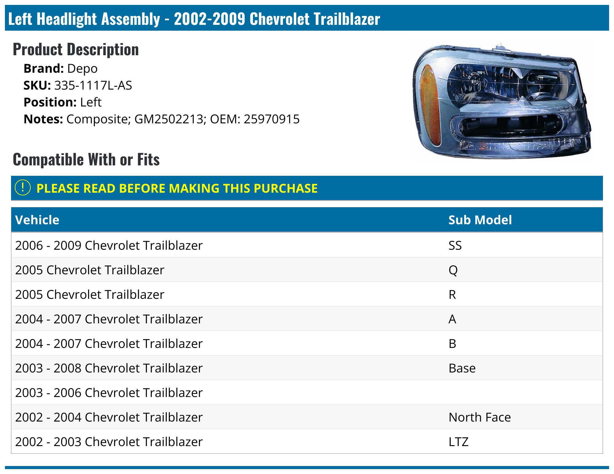 Driver Side Left Headlight For Chevy Trailblazer 2006-2009 LT – Halogen, DOT/SAE