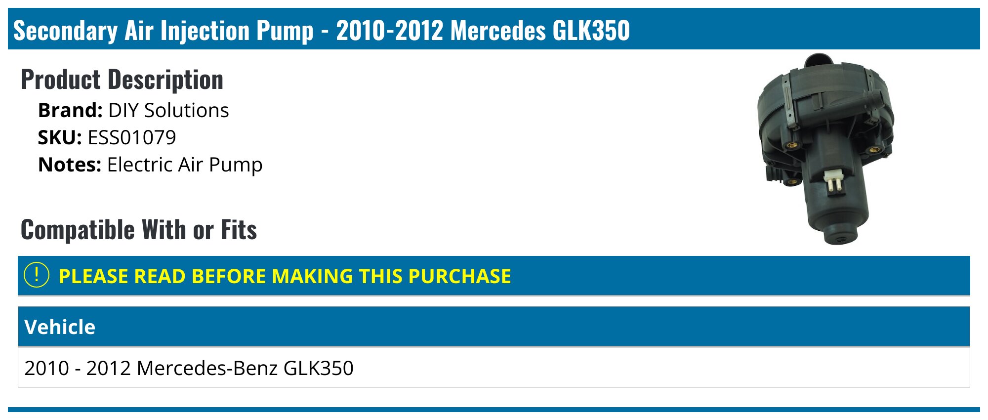 20102012 Mercedes GLK350 Air Pump DIY Solutions ESS01079