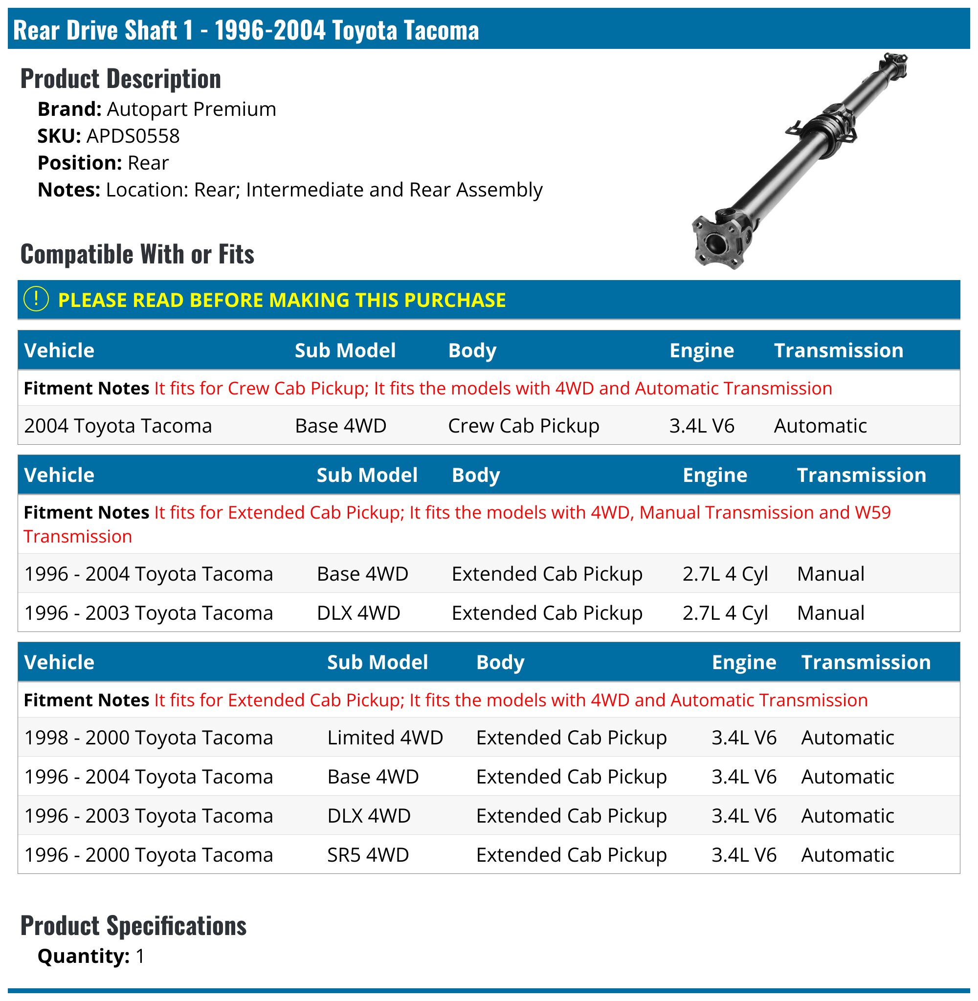 Toyota Tacoma Drive Shaftnull