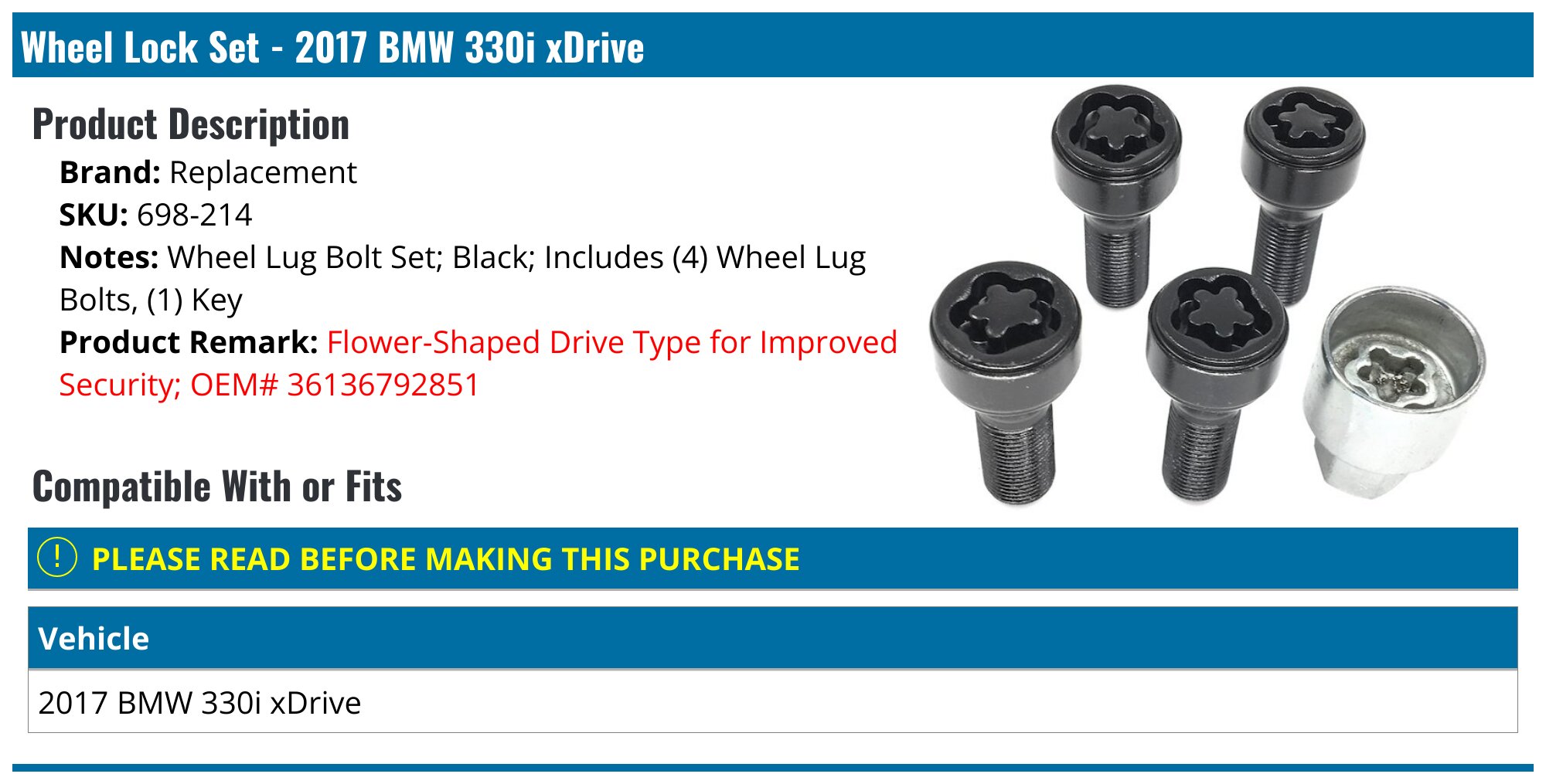 2017 BMW 330i xDrive Lug Bolt - Replacement 698-214 - PartsGeek.com
