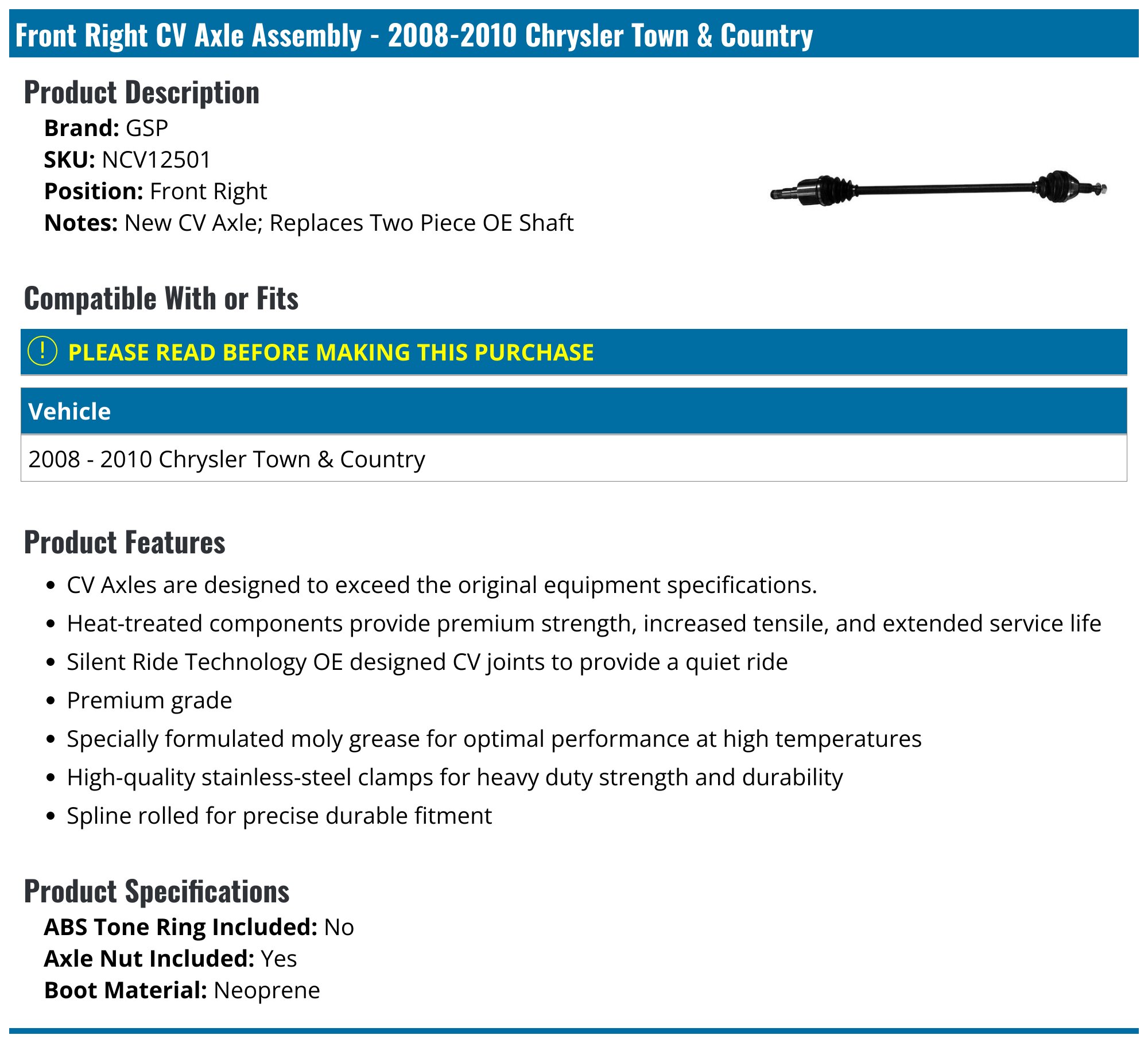 Cv Axles Front CV Axle Pair For Dodge/Chrysler Grand Caravan & Town & Country (2008-2010) - Driver & Passenger Sides UPC 192659334367 - Foto 12