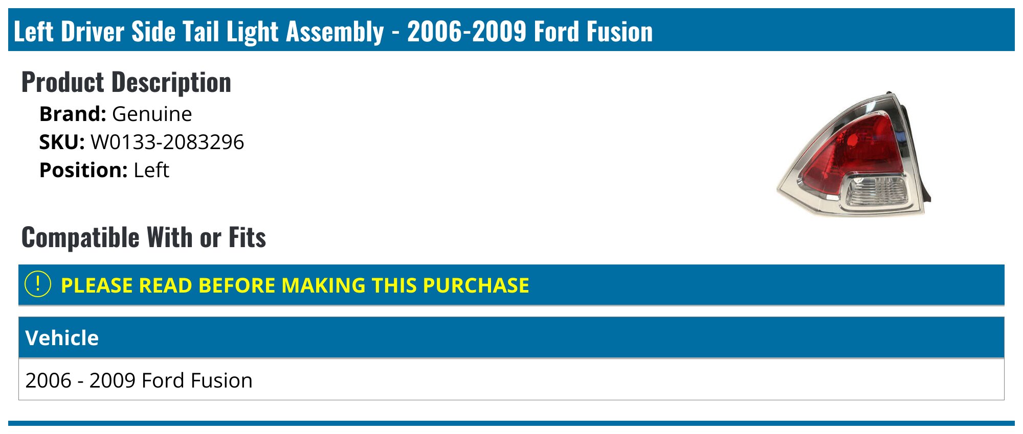 Set Of 2 Tail Lights For 2006-2009 Ford Fusion – Chrome Housing, Direct Replacement Halogen