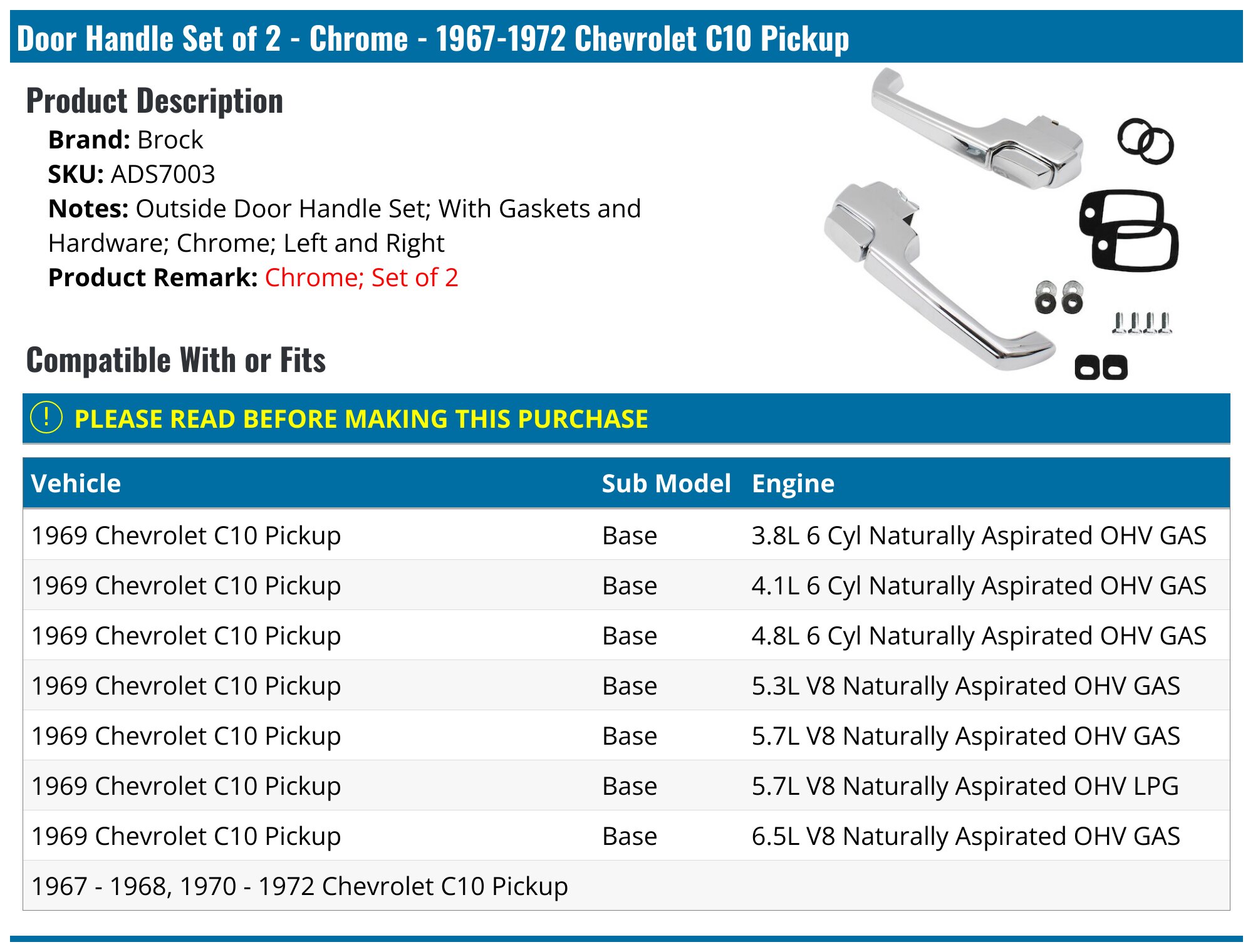 Exterior Door Handle Set For 1967-1972 Chevrolet C10 Pickup - Brock 34489DY