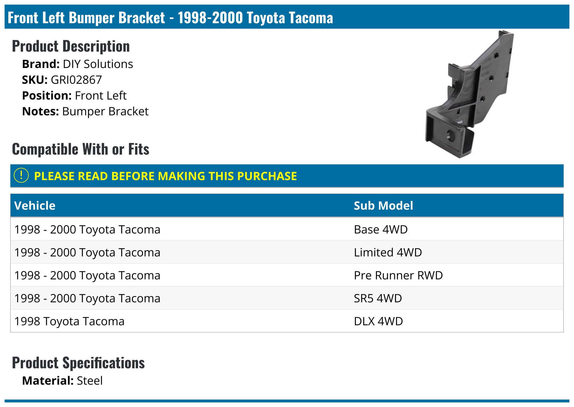 Front Bumper Retainer Set For 1998-2000 Toyota Tacoma PreRunner 4WD - 2 Piece