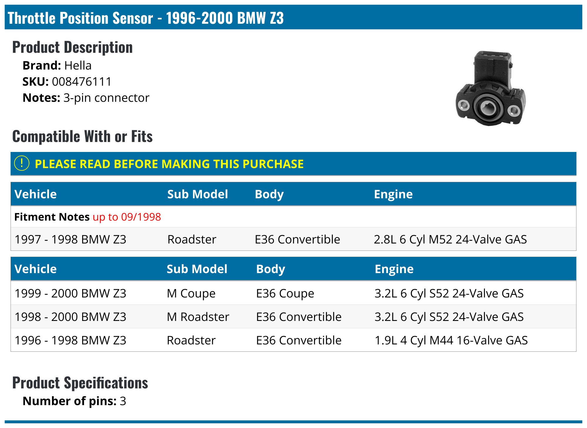 19962000 BMW Z3 Throttle Position Sensor Hella 008476111
