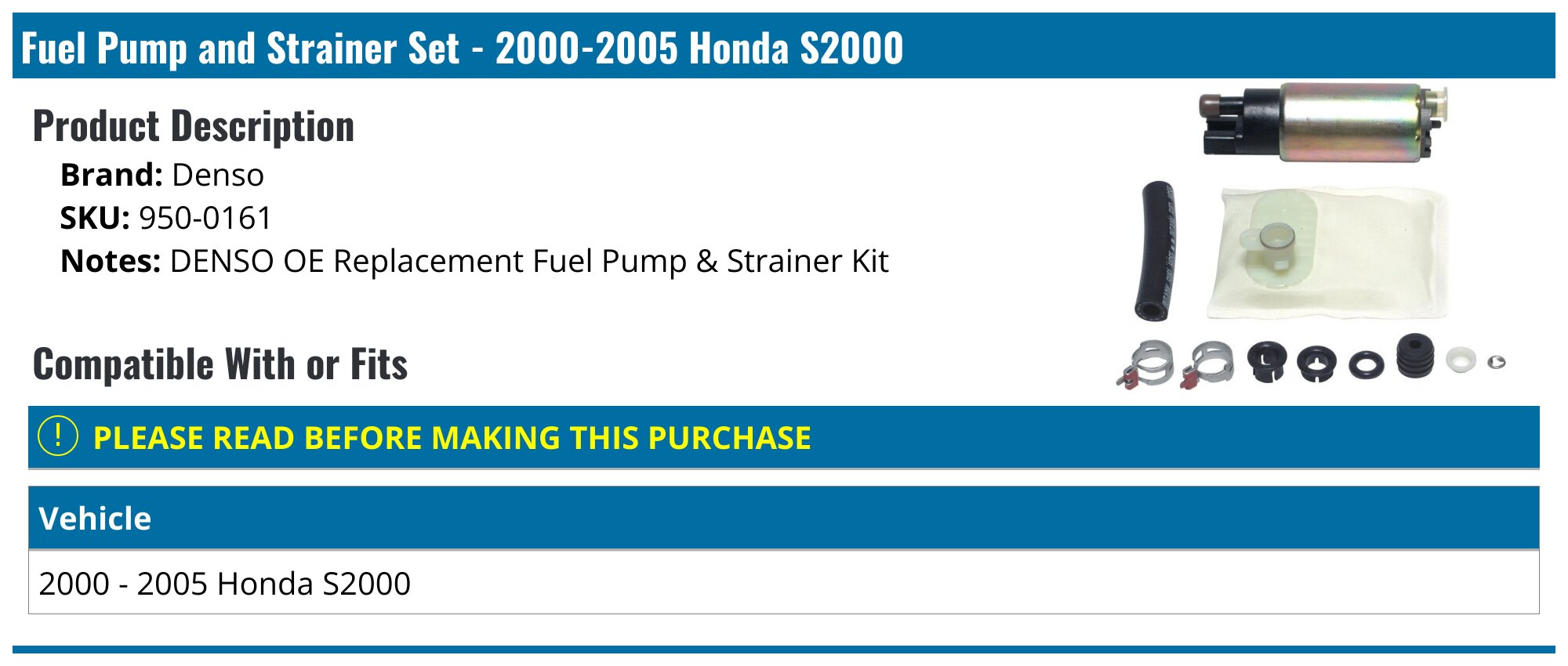 Honda S2000 Fuel Pump - Gas Pumps - Denso Replacement Autopart