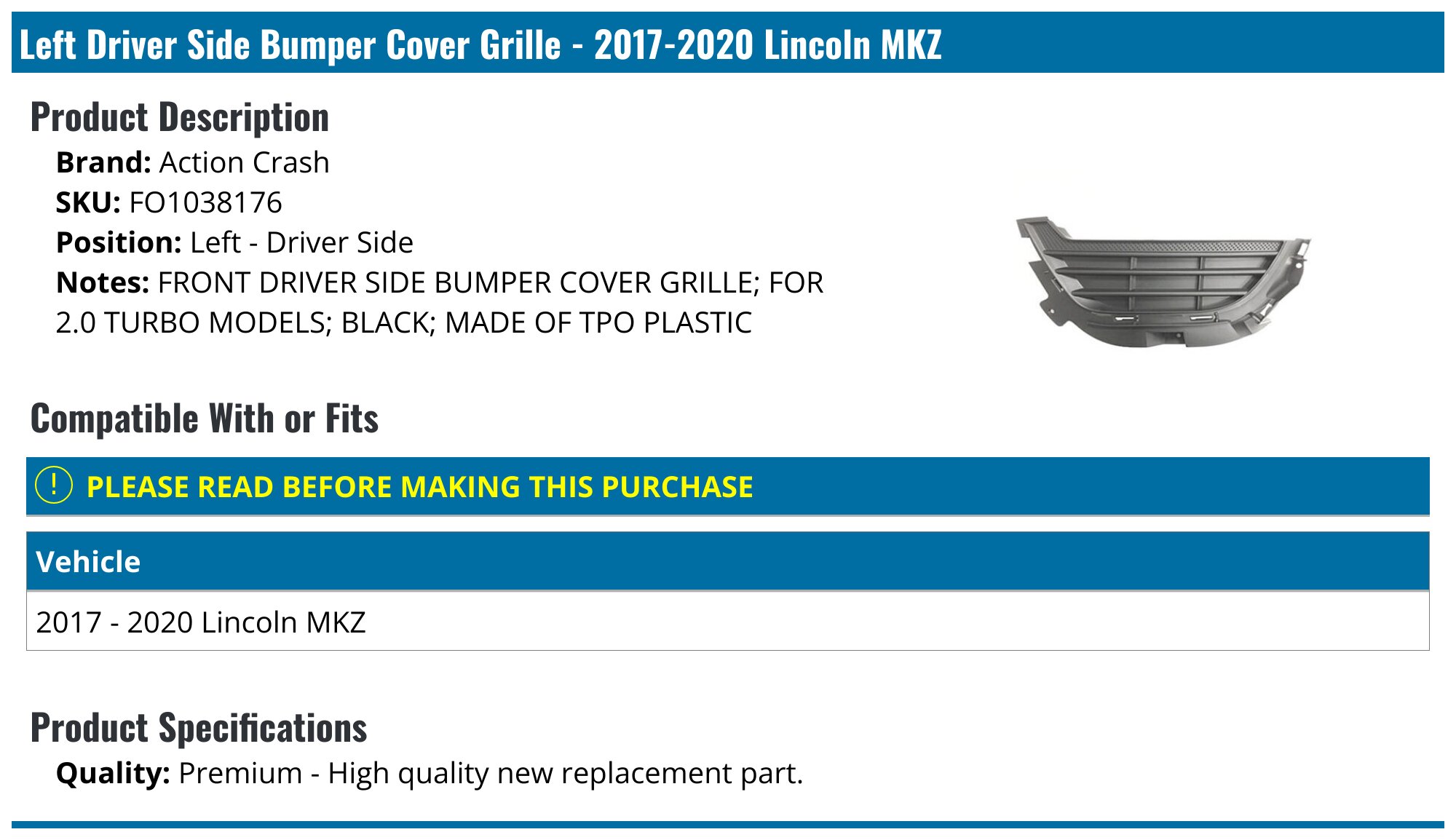Direct Replacement Front Lower Bumper Cover Grille Molding For 2017-2020 Lincoln MKZ – Moe-tech