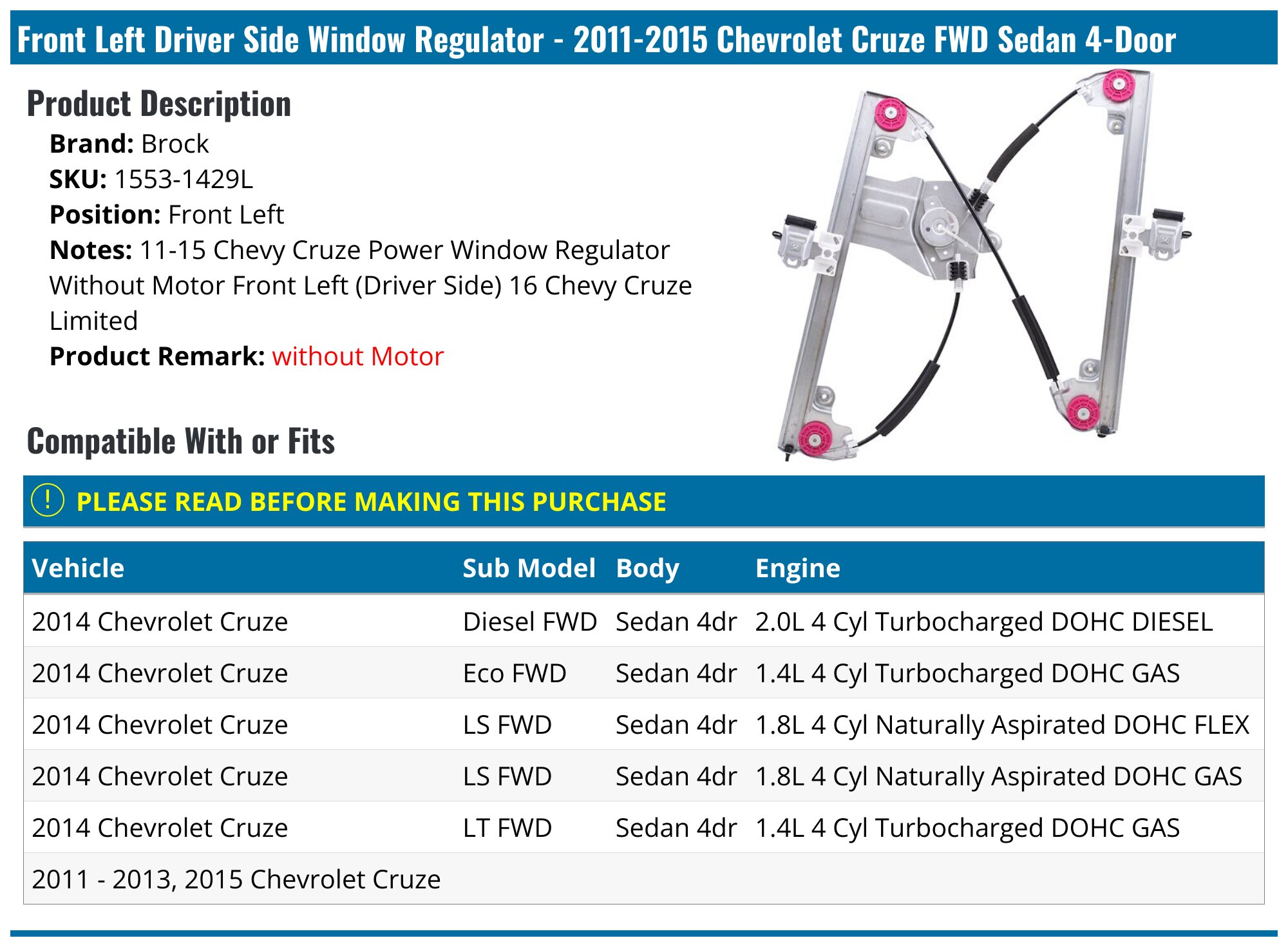 Alzacristallo Elettrico BOXI Per Chevrolet Malibu 2013-2016 - Anteriore Sinistro, 7 Pin