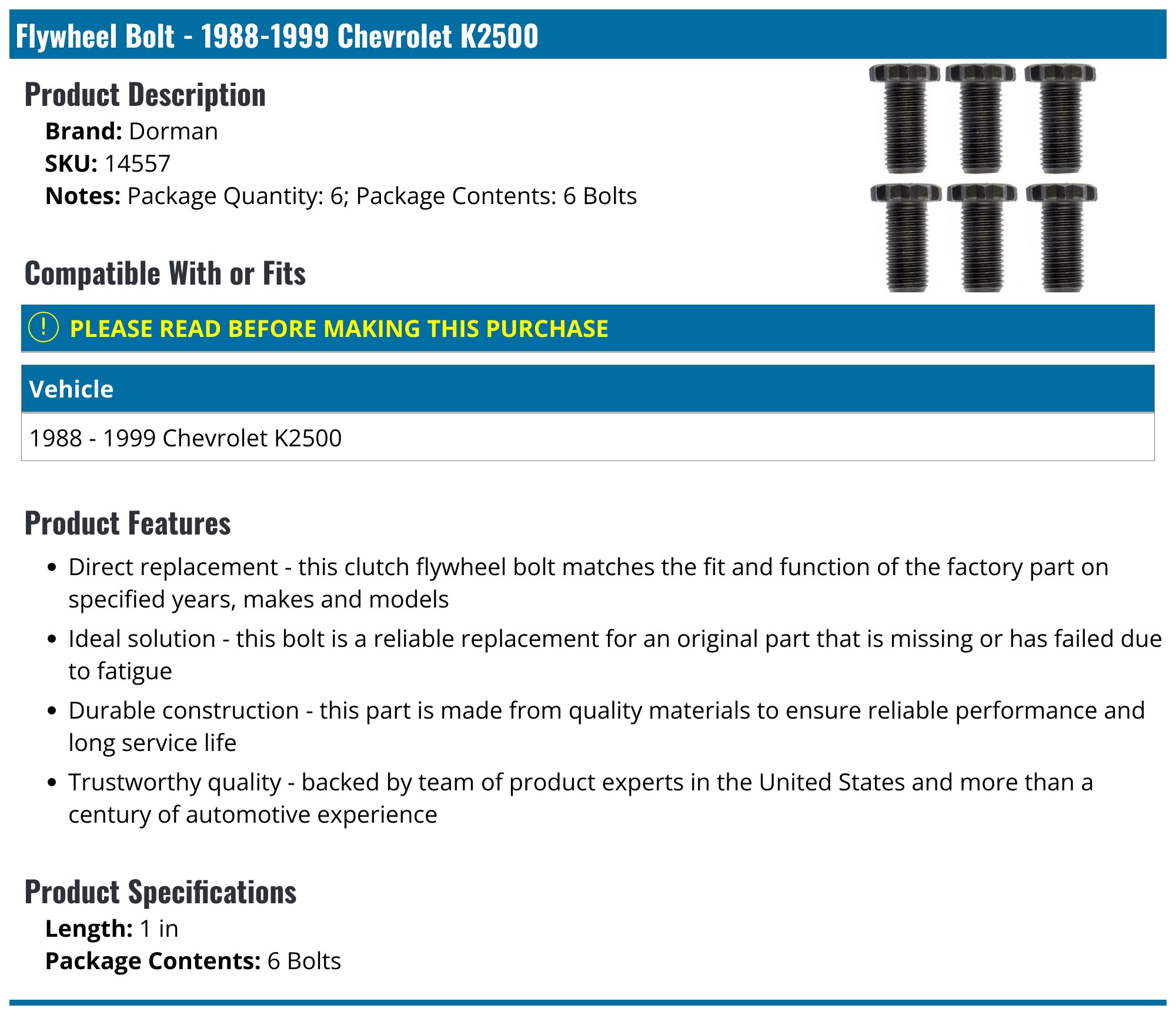 1988-1999 Chevrolet K2500 Flywheel Bolt - Dorman 14557 - PartsGeek.com