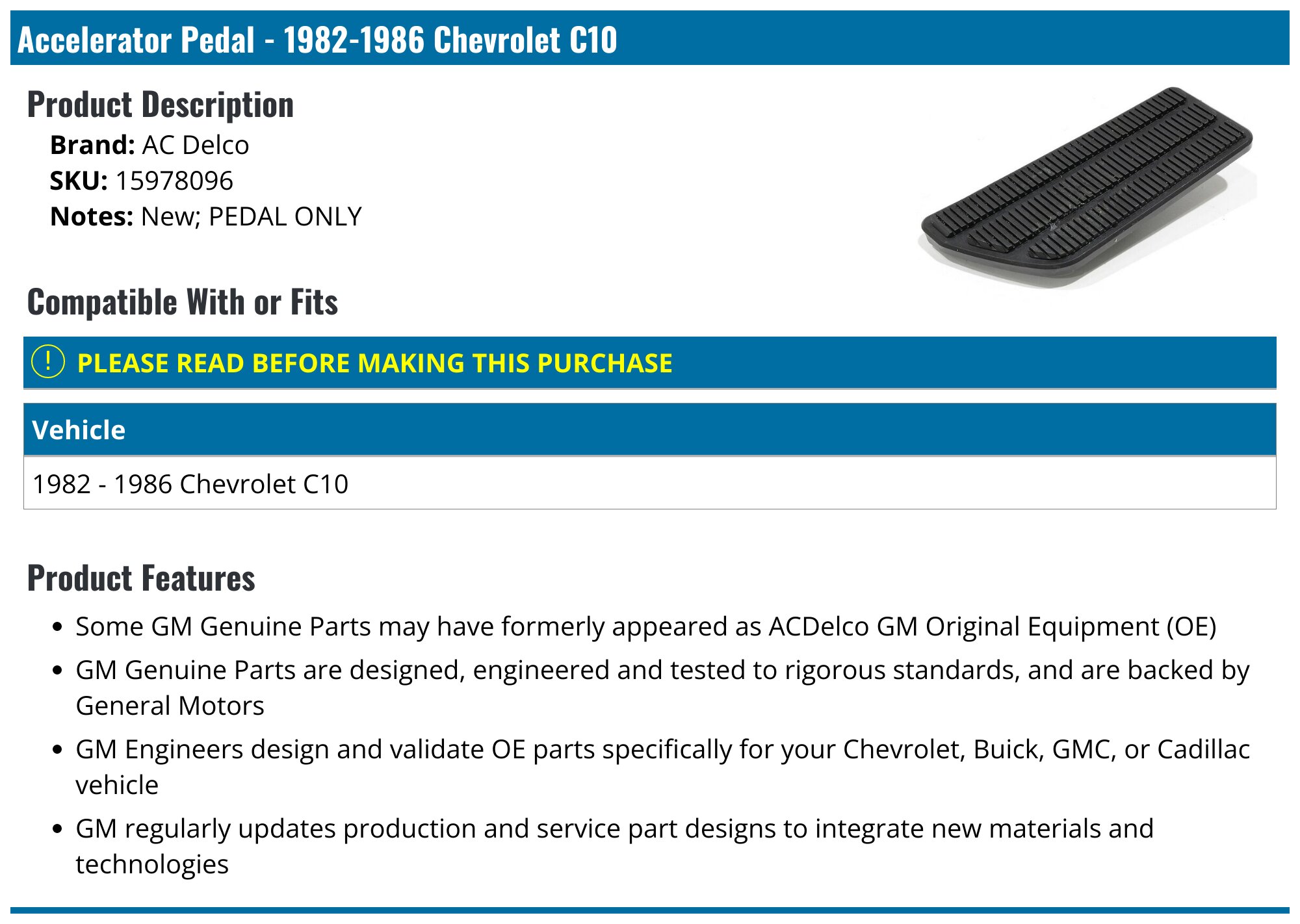 New Accelerator Pedal For 1964-1966 Chevy & GMC C10 C20 Trucks - OEM Style Replacement