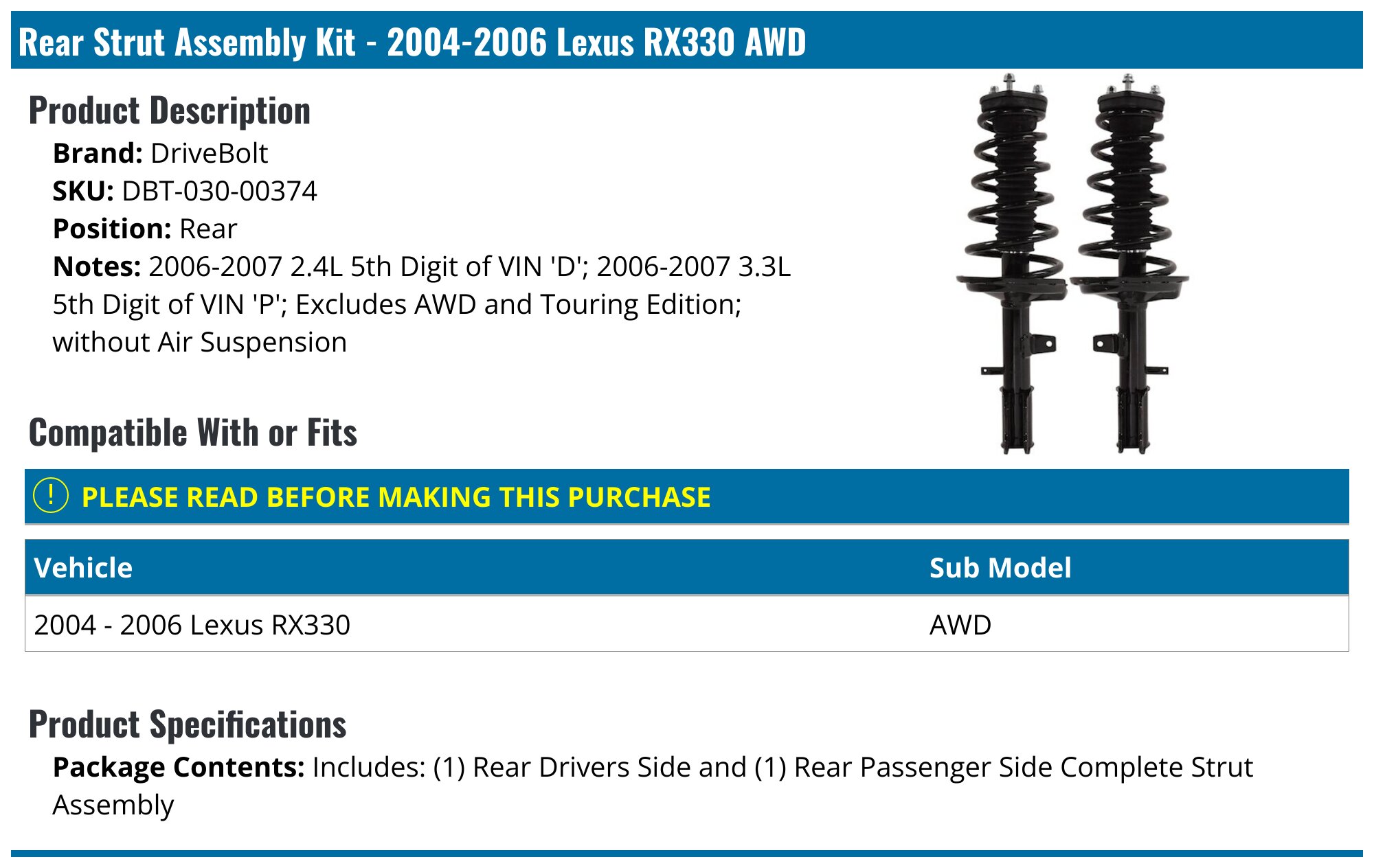 Rx330 Rear Wheel Alignment 2004-2006 Lexus RX330 Strut Assembly - DriveBolt DBT-030-00374 - Rear ...